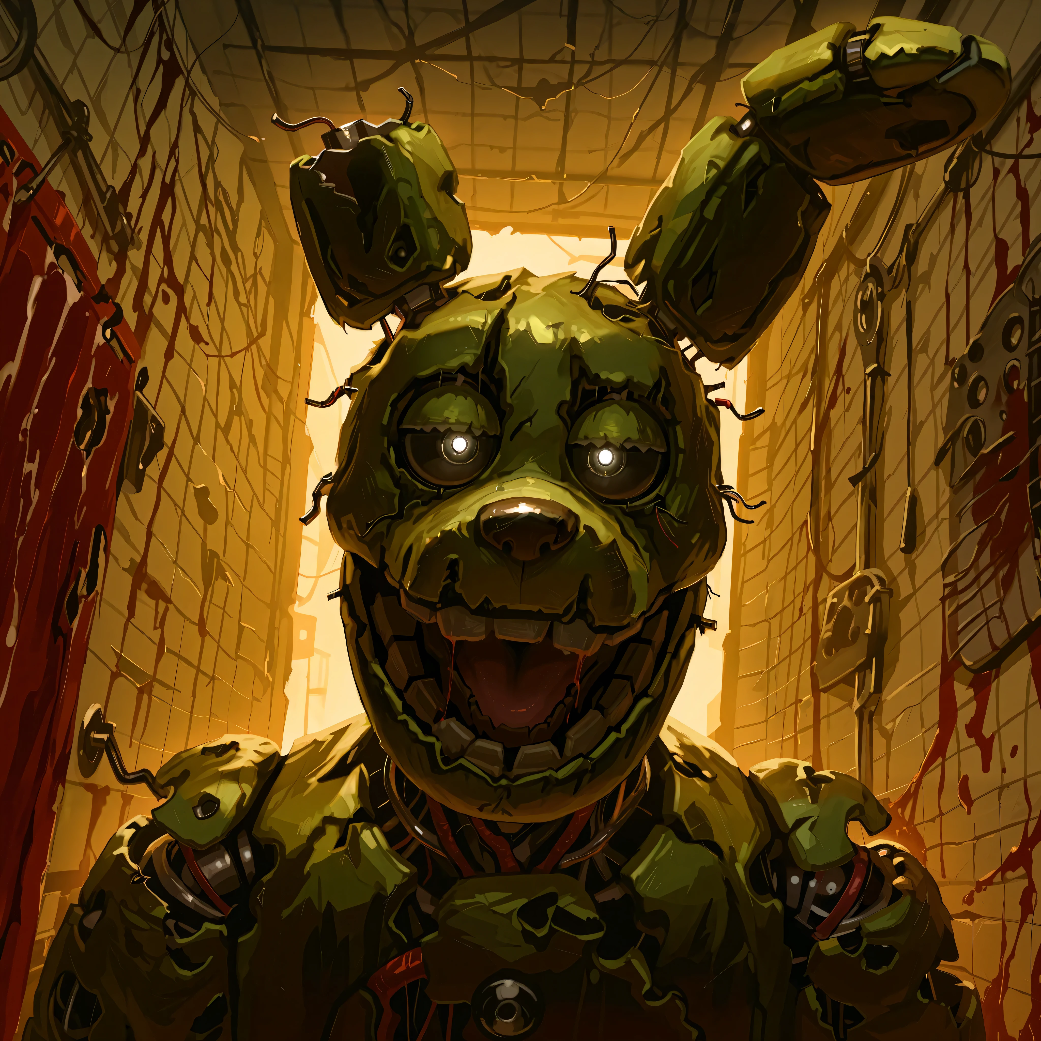 score_9, score_8_up, score_7_up, solo, masterpiece, best quality, amazing quality, absurdres, newest, high res, ultra detailed, best quality, best artwork, detailed eyes, (eyes focus), perfect eyes, 4k, ultra quality, perfect face, realistic:0.5, ultra realism, at night, detailed scenery, Fnaf_3, Fnaf_3 location, maintenance closet, springtrap, animatronic, robot, open mouth, black sclera, black eyes, deactivated sit, sinister feeling, dark an eerie, blood