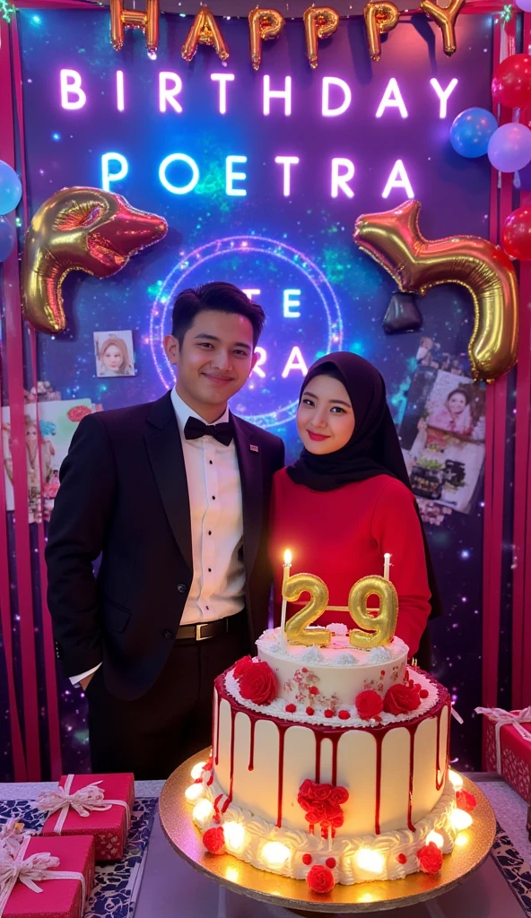 Portrait of young Indonesian man wearing suit and young Indonesian woman wearing luxurious hijab robe,sitting holding a birthday cake in a gazebo on the beach,face pose in front of the camera,and on the birthday cake there is the writing Happy Birthday and the number 29,gift,balloon,the night