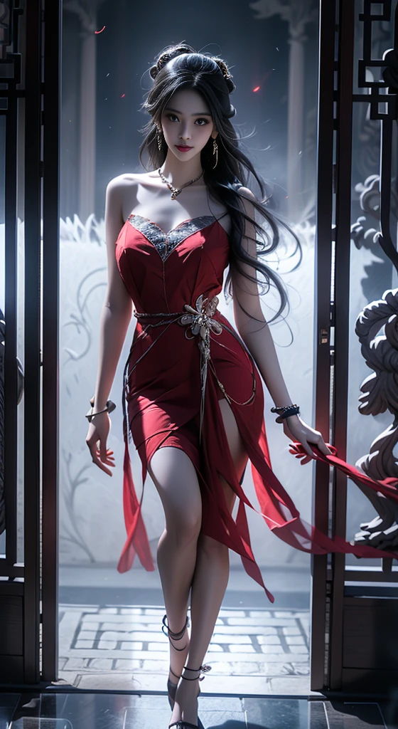(dramatic, Roughness, intense:1.4),masterpiece, Highest quality, 32K of crazy detail, Intricate details, Super detailed, super high quality, Attention to detail, Super detailed, masterpiece, (Full Body Lesbian:1.5),  Bloodshot eyes，頭からつま先までのFull Body Shot，
Very expensive, A slim figure in a red dress in front of white eyes, Her hair was long enough to reach the ground，Huge boobs，Fat Hips，Long legs，Chinese Shoes，Unreal Background, Smoke and fog, Something seems to be coming out. Chinese Taoist ghost legends spark fear, Chinese Horror Doll Core, Dark purple and light blue, The reality of chiaroscuro is exaggerated, Works influenced by Japonism, The Hidden Core by Junji Ito, Miho Hirano, Ilya Kuvshinov, Zhang Yimou&#39;s Mood, thick paintings, oil, Sumi-e film texture, Top View, Extreme close up shot, Realistic 3D, Super detailed. Blender, C4D, Attention to detail, High resolution,Full Body Shot。