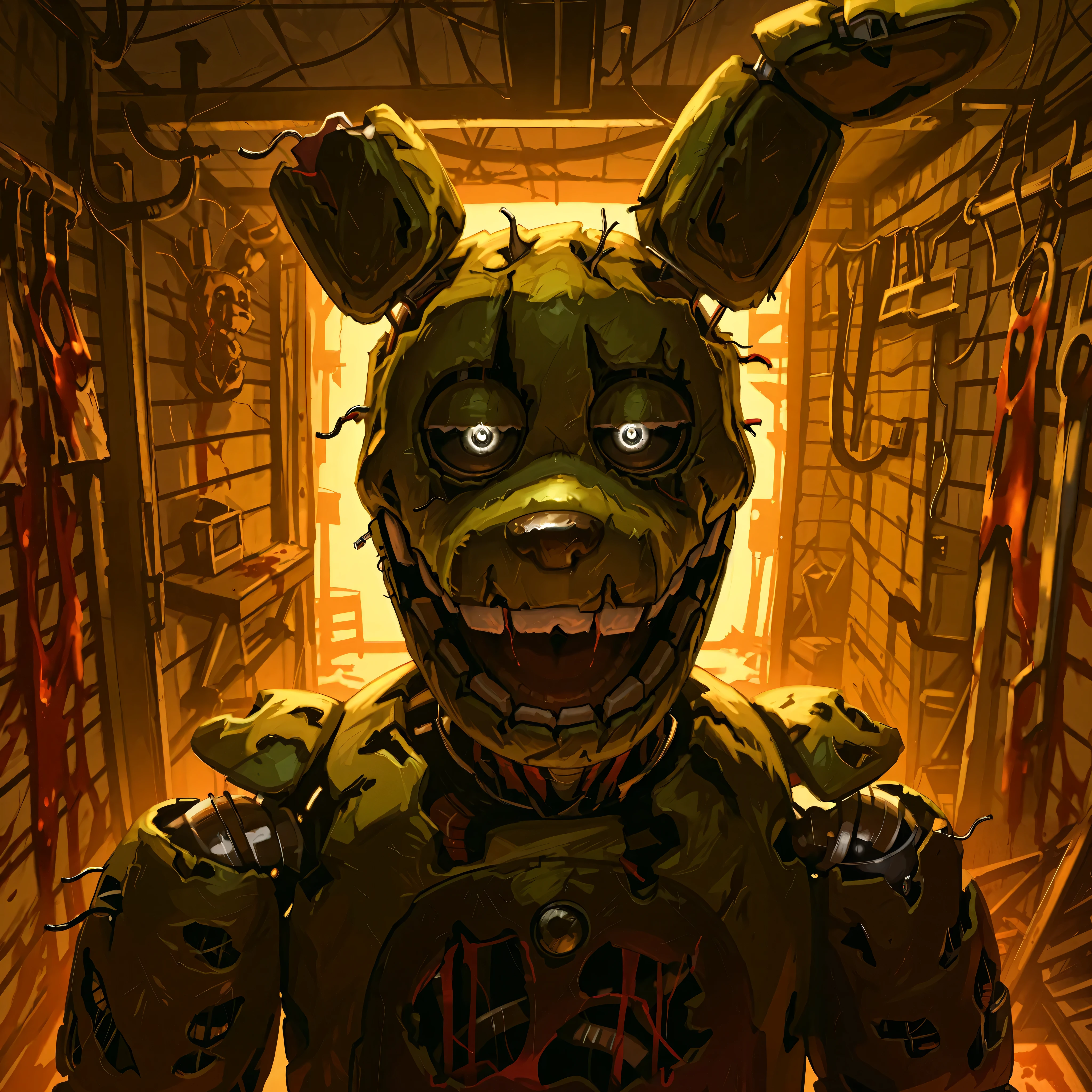 score_9, score_8_up, score_7_up, solo, masterpiece, best quality, amazing quality, absurdres, newest, high res, ultra detailed, best quality, best artwork, detailed eyes, (eyes focus), perfect eyes, 4k, ultra quality, perfect face, realistic:0.5, ultra realism, at night, detailed scenery, Fnaf_3, Fnaf_3 location, maintenance closet,  springtrap, animatronic, robot, open mouth, black sclera, black eyes, deactivated sit, sinister feeling, dark an eerie, blood                                         