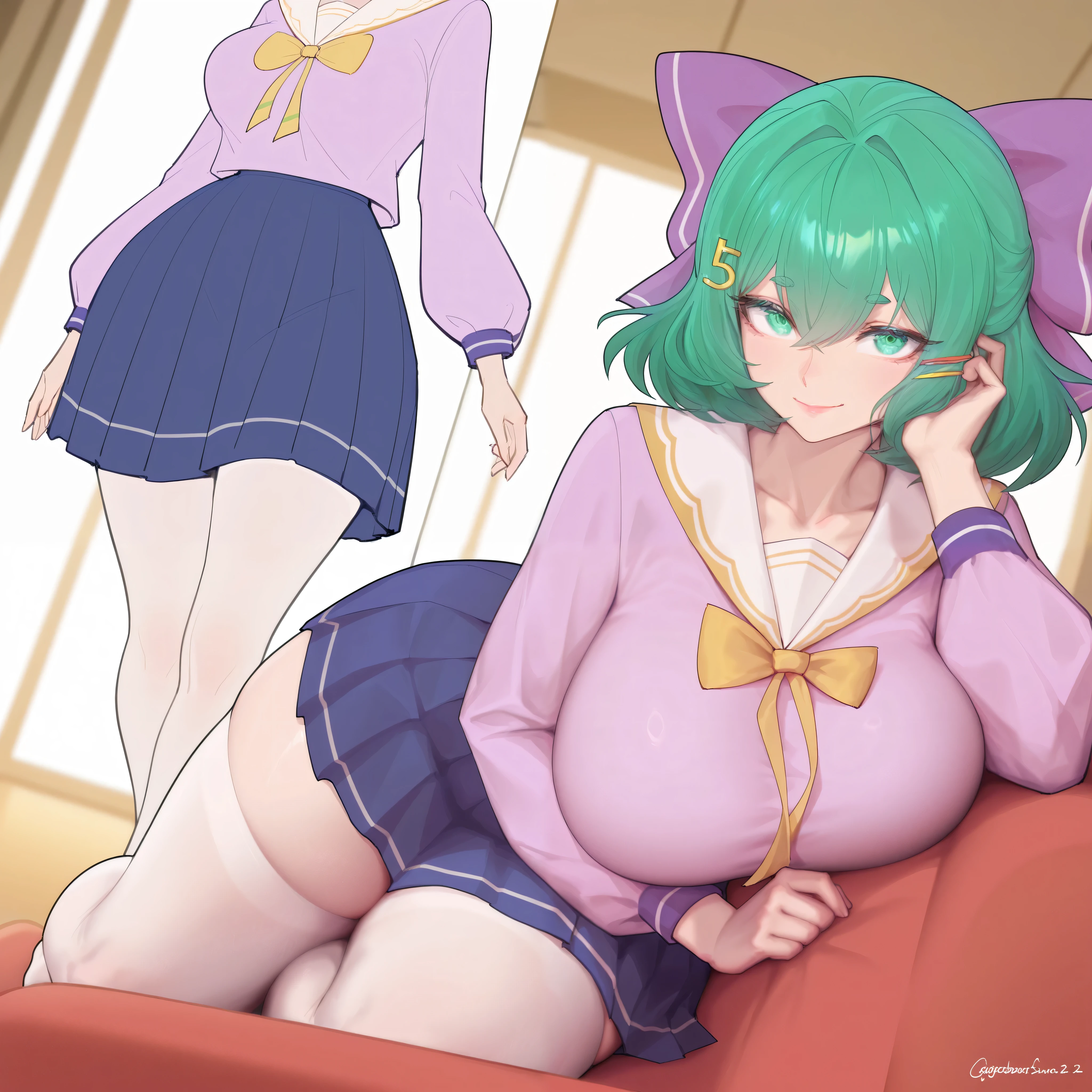 masterpiece, best quality, high resolution, 1 girl ,full body shot, (best quality), (super detailed), ( masterpiece, best quality:1.3), 1 woman with an umbrella, aldult, masterpiece, best quality, There's Nothing There, HD, detailed 1 girl ,Japanese cartoon, becomes mature woman sex, Indoor, Smile, age 30 - 40 ,Curvy Beauty, plump,Gentle, Big Breasts, Mature face,Mature Woman, Mother, ,Short green hair, green eyes, purple bow headdress, sailor uniform, blue pleated skirt, white stockings, Girl with green hair accessory, Ahog / scattered hair, M fringe / M shaped bangs green short hair, green eyes, purple bow headwear, Hairpin . gorgeous hair bow, plump women , and watch the audience, high resolution, 8,000, 4K, high detail, Detailed bangs, Thick hair , high detail facial, high detail eyes, delicate lips , dynamic lens, dynamic angle at work, Small nose,girl with green hair, ,pink dress, long sleeve shirt , avatar,close up, avatar,