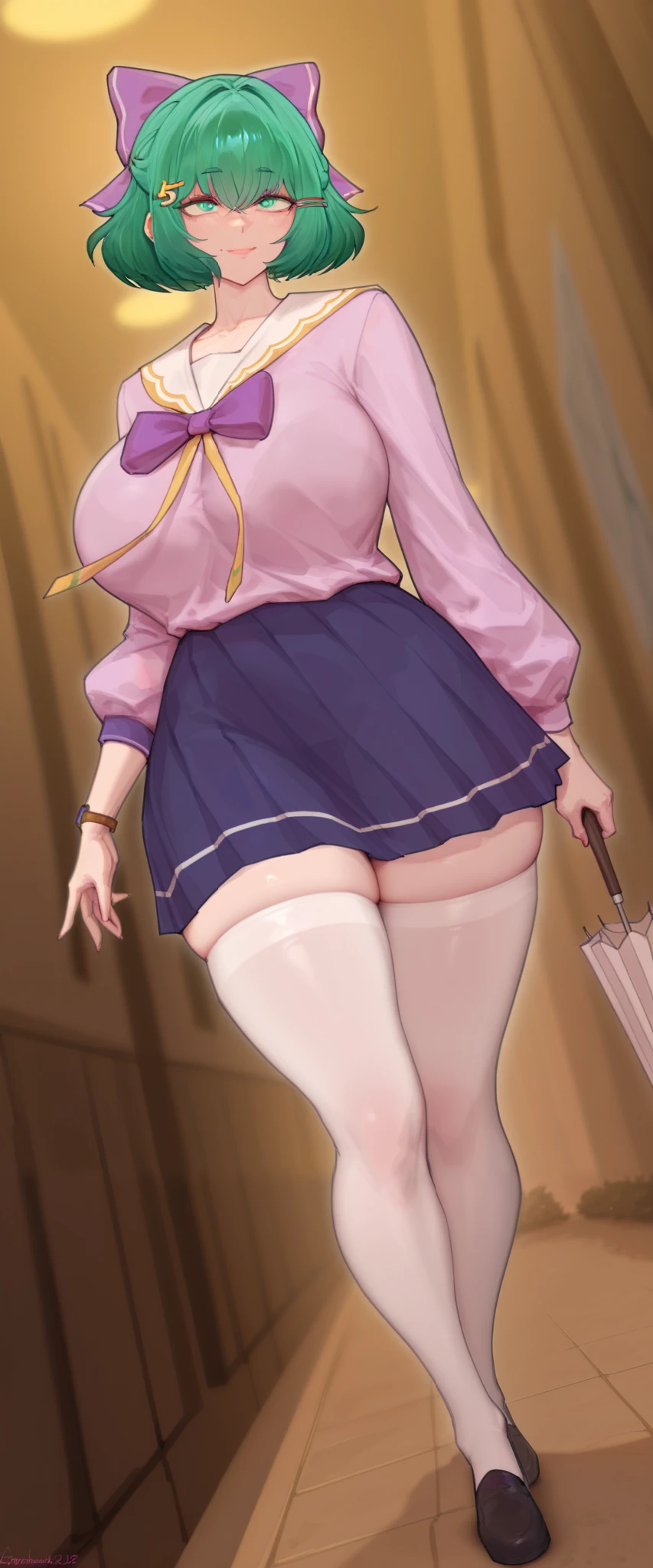 masterpiece, best quality, high resolution, 1 Girl ,full body shot, (best quality), (super detailed), ( masterpiece, best quality:1.3), 1 woman with an umbrella, aldult, masterpiece, best quality, There's Nothing There, HD, detailed 1 Girl ,Japanese cartoon, 成Mature Woman性, Indoor, Smile, age 30 - 40 ,Curvy Beauty, plump,Gentle, Big Breasts, Mature face,Mature Woman, Mother, ,Short green hair, green eyes, purple bow headdress, sailor uniform, blue pleated skirt, white stockings, Girl with green hair accessory, Ahog / scattered hair, M fringe / M shaped bangs green short hair, green eyes, purple bow headwear, Hairpin . gorgeous hair bow, plump女性, and watch the audience, high resolution, 8,000, 4K, high detail, Detailed bangs, Thick hair , high detail facial, high detail eyes, delicate lips , dynamic lens, dynamic angle at work, Small nose,girl with green hair, ,pink dress, long sleeve shirt , Avatar,close up,Avatar,