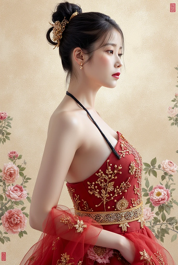 The empress of the Qing Dynasty is wearing a red floral patterned dress, completely naked, with her profile showing and her buttocks sticking out, posing in the luxurious palace of the empress of the Qing Dynasty.