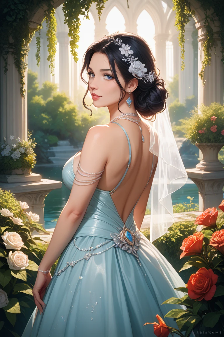 Full shot,(photorealistic:2), one girl of dazzlingly beautiful appearance stands against the backdrop of a picturesque landscape in the rainforest, snow-white wavy hair falls to the ground, the face is oval beautiful and perfect, a European Slav, the eyes are bright cornflower color, the eyelashes are long and fluffy, the eyebrows are dark, the nose is neat, the lips are medium a little plump, the face is hyperdetailed, snow-white long wavy hair to the bottom, the body is graceful and graceful with white skin, ultra short transparent organza dress with a deep neckline and neckline, the dress shines through, small breasts and swollen are visible, the girl is shod in elegant crystal shoes, a crystal tiara with sapphires on her head, a precious necklace made of turquoise and emeralds around her neck, a high-resolution photo, the image of the girl is sharp and clear, the back light draws an outline around the silhouette of the girl, the filling light soft illuminates the face and figure well, The color of the photo is cinematic, (photo as in the art gallery, photo style as William Martenson:2) --auto --s2