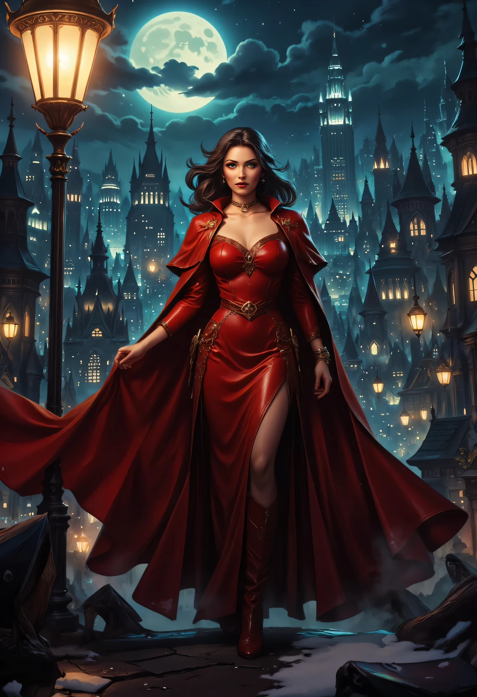 comic art, fantasy art, RPG art, ultra wide shot, a picture of a mysterious woman standing under the steampunk streetlamp, in the big city, a beautiful mature woman, elegant woman, dynamic hair color, dynamic hair style, wearing intricate deep red leather dress,  billowing in the wind, flowing red cloak, high heels,  standing in steampunk city at night, goth buildings, moon in the sky, 16k, [ultra detailed], masterpiece, best quality, (ultra detailed), full body, ultra wide shot, zavy-ctcmcs, aidmaDarkfantasy
