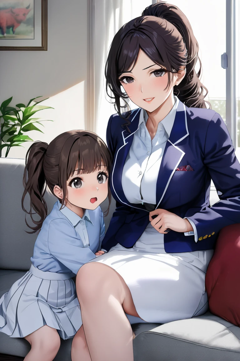 top quality, masterpiece, High Resolution, 8k, (2 girls), duo, sexy, (bust shot), (((Mother and daughter sitting on the sofa and chatting together))), (((Mother in a simple and neat white dress))), milf, Black wavy hair, Mature Woman, (((kind expression))), ((( toro face))), living room, break, ((( high school girl in a blazer uniform))), green plaid mini skirt, Beautiful breasts, dark eyes, (((dark hair ponytail)))