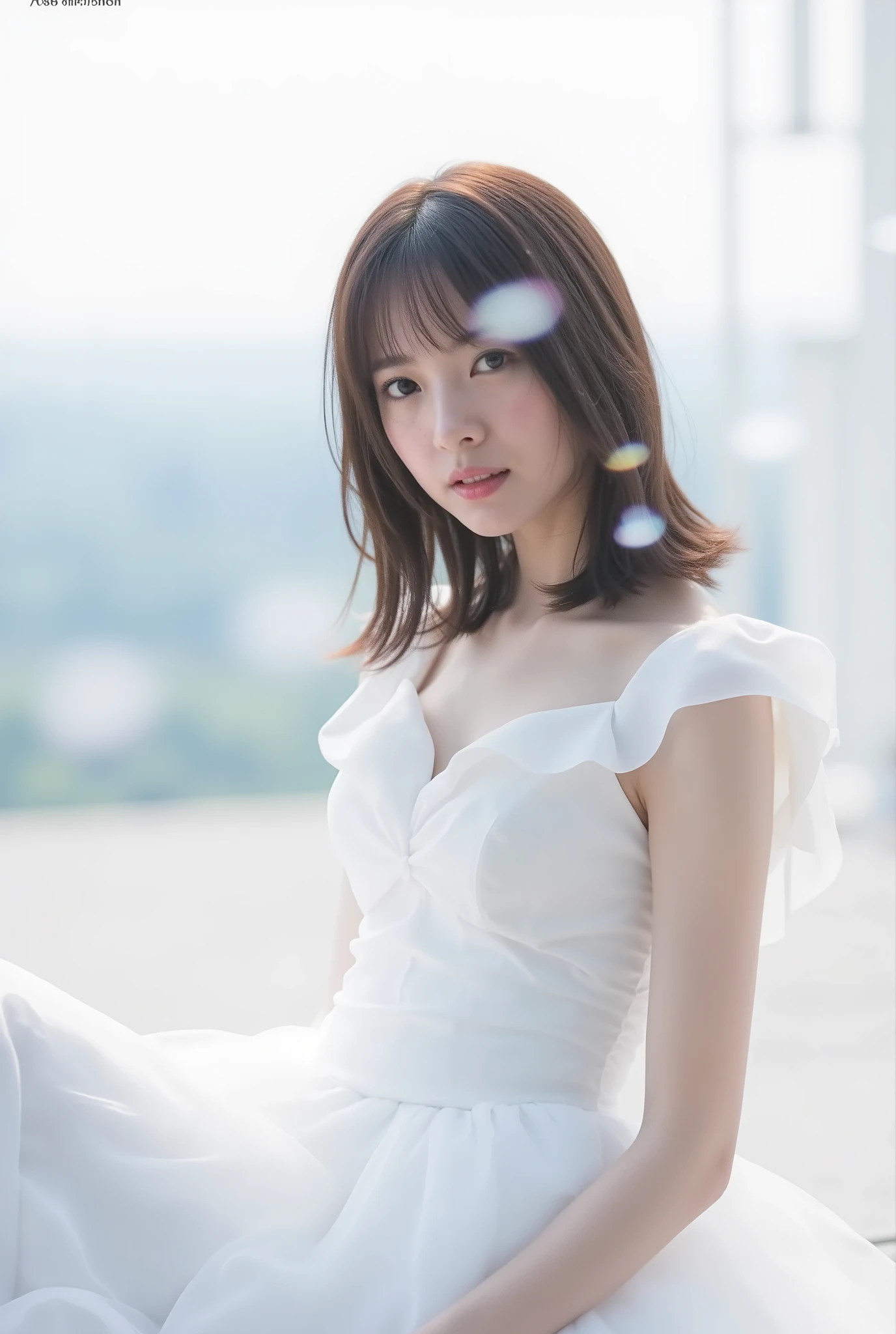 Create an image of a fair-skinned Japanese girl with medium-length straight hair stands gracefully in a 'White Cinderella' costume. The composition captures her in a knee-length pose against a blurred background that resembles a white fantasy world, with a distant horizon. Artistic light leaks and chromatic aberration enhance the ethereal atmosphere, all framed from a dynamic angle.