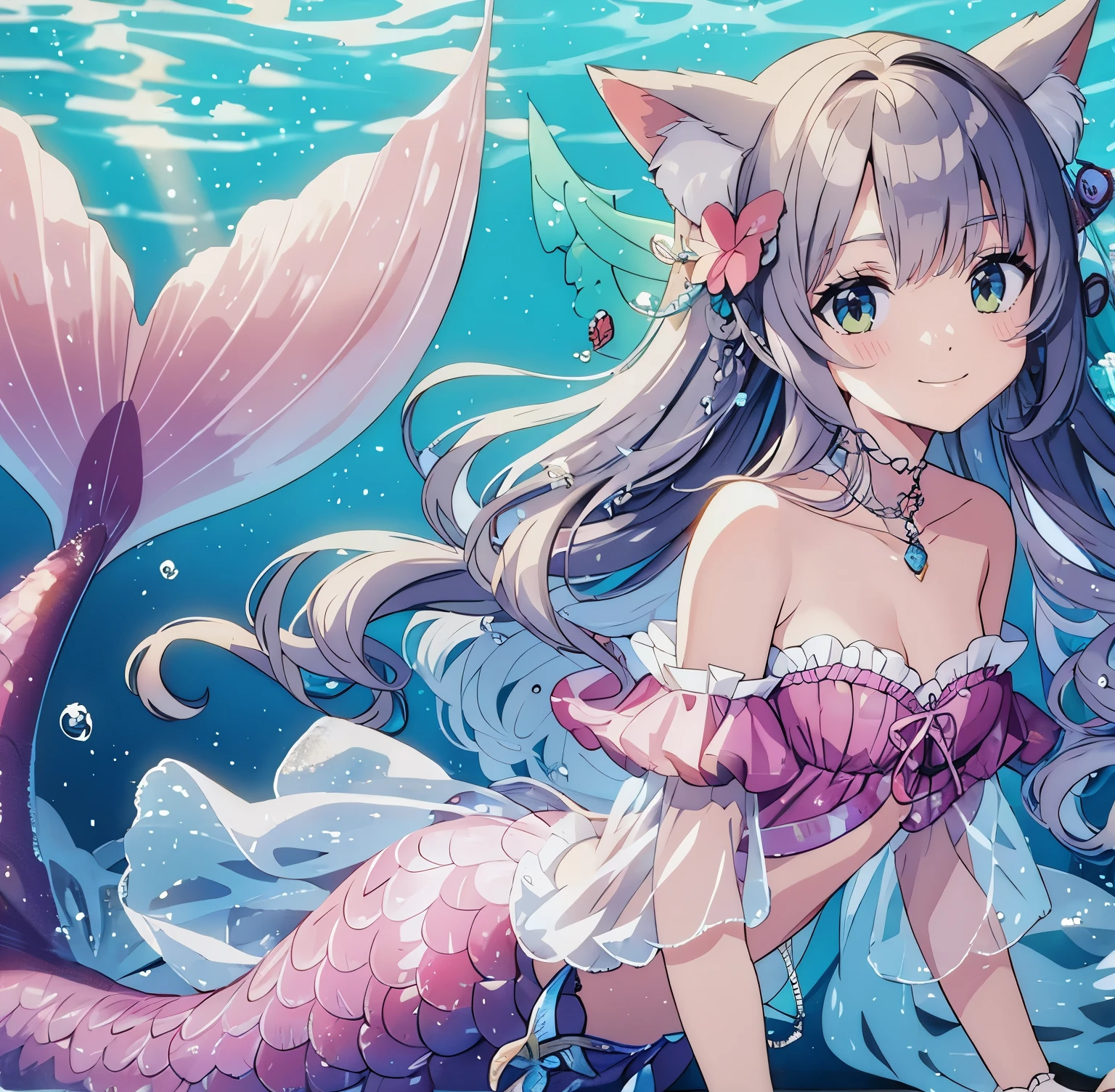 Pretty anthropomorphic mouse girl magically transformed into a mermaid, fantasy, race swap, long fangs, is smiling, drawn in anime style, fishlike, very long curly white hair, red eyes, white fur, slim body, whiskers, mouse ears, long mermaid tail below waistline, fish scales, pelvic and dorsal fins, a pair of fish gills on her torso, seashells bra, pearl earrings and bracelets, pearl necklace, swimming underwater, ocean depth, Highly detailed, masterpiece, high quality, 4K.