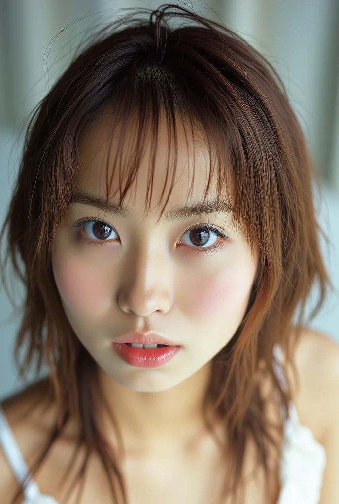 (masterpiece:1.3), Highest quality、Ultra-high resolution, Very detailed, Very detailed CG Unity 8k 壁紙, Realistic, photo-Realistic, RAW Photos, Beautifully detailed face, Pale skin, Realistic glistening skin, Detailed cloth texture, Detailed hair texture, Perfect body, Beautiful Face, Accurate, Anatomically correct, Highly detailed face そして skin texture, Natural neck length, (Fair skin:1.2), Good teeth alignment,
Symmetrical eyes, dolly make、double eyelid, Thin eyebrows, (Glossy Lips:1.4), (Sad face:1.2),
(classy and cute girl:1.3),
(Large Breasts:1.4), Cleavage, Beautiful clavicle,
(Wavy long hair:1.2), ((Asymmetrical bangs:1.2)), A tight coral blue tank top that clings to her breasts、Micro Mini、Voluptuous thighs、A photo showing you from head to knees、Focus on the thighs