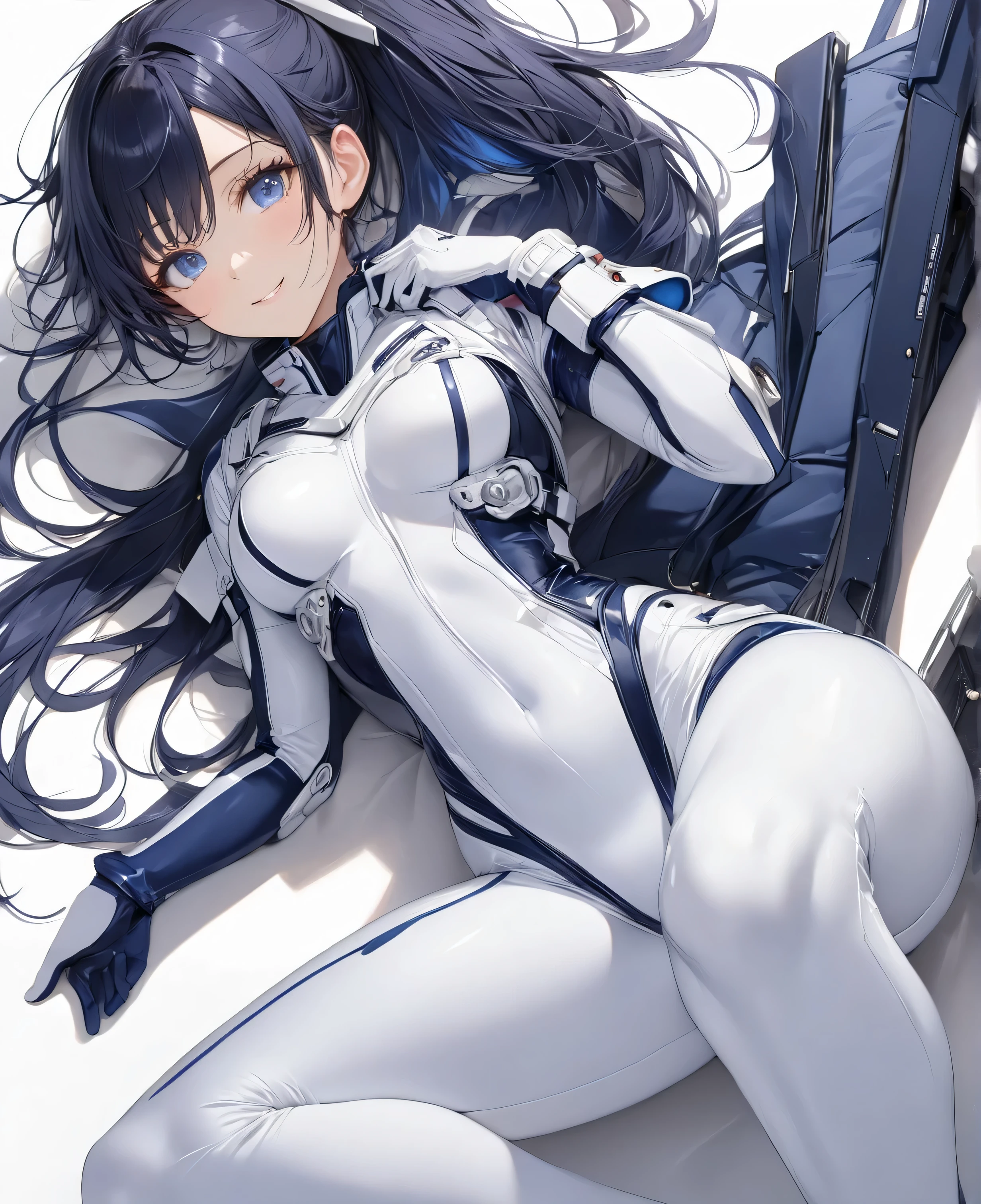 A very flat young girl spread her legs completely wet and sweaty with long black hair, large, expressive bright blue eyes, slightly brown skin and a soft smile The girl has a sweet and gentle appearance, with a touch of shyness in his expression, slightly blushing with a very revealing and tight spacesuit that shows her nipples and the lips of her vagina. The spacesuit is metallic black and has silver and blue details. She also wears a pleated skirt over the suit and a necklace with a letter J on the neck She is on her back slightly leaning forward but with the palms of her hands spread over her buttocks in a provocative manner with her legs open and her knees apart so that the end of the suit is visible under her skirt The background is a bedroom of a spaceship with a huge glass overlooking space while it rains and a bed View from the back