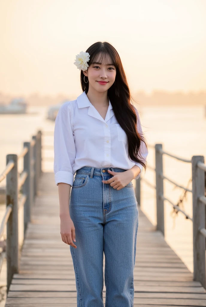 A young korean woman, she has long black wavy hair with bangs, a white flower on her hair, having fun, smilling, earing a slightly oversized white linen shirt tucked casually into high-waisted denim jeans, white shoes. She stands on a wooden pier, the calm ocean with a dreamy expression as the summer breeze rustles her clothes, sunset in the evening, full body, front view,