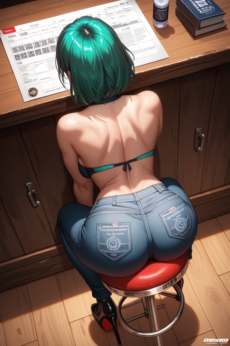 (((solo,1woman, mature, alone))), lucy, ((blue hair, short hair, bangs, multicolored hair, glowing blue eyes, wide eyes, lipstick, makeup, narrow waist, skinny, medium breasts)), pelvic curtain, ((white panties, black bra)), full body, perfect body, (insanely detailed, beautiful detailed face, masterpiece, best quality), (extremely detailed 8k paper CG wall unit: 1.1), (bedroom, dusk), (smile face for the viewer), bent over, big ass, View from behind, Diagonal view