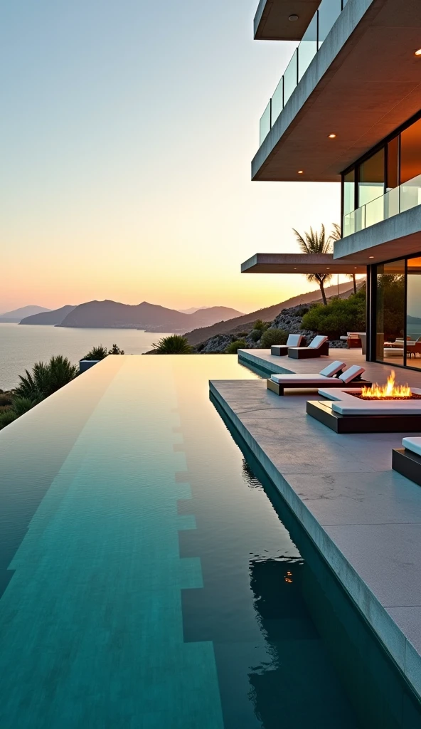 “A breathtaking luxury villa overlooking the turquoise waters of the Mediterranean, captured in stunning 8K detail. The modern architecture blends seamlessly with the natural surroundings, featuring expansive glass walls that open up to an infinity pool reflecting the golden hues of the sunset. Inside, the space is adorned with bespoke Italian furniture, marble accents, and high-end finishes, creating an atmosphere of unparalleled sophistication. A private outdoor lounge with a fire pit and designer seating offers the perfect spot to unwind, while soft ambient lighting enhances the villa’s exclusivity. The air is filled with the scent of fresh sea breeze, evoking the ultimate escape into refined luxury.”