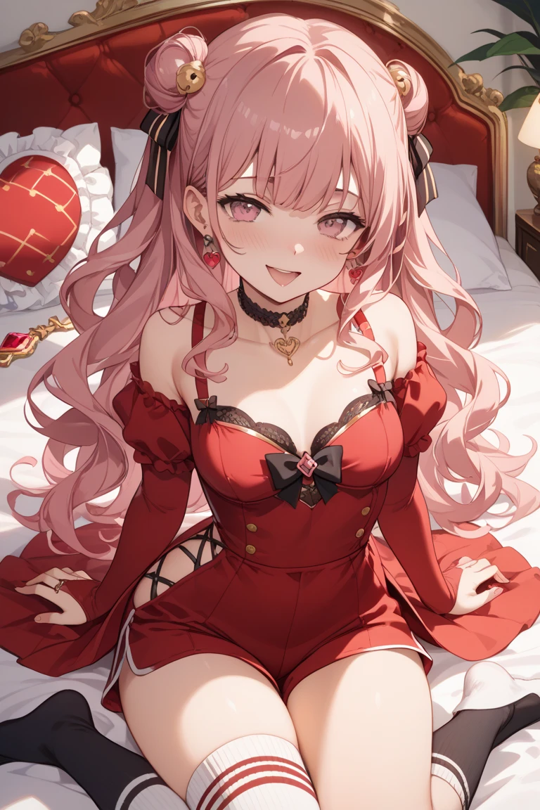 ((Highest quality)), ((masterpiece)), (detailed), the girl in a santa costume is sitting on the floor with all of her ornaments, 1girl, breasts, black ribbon, 独奏, long hair, hair bun, green eyes, cleavage, ribbon, sitting, double bun, navel, looking at viewer, smile, hair ornament, open mouth, ahoge, skirt, bell, hair flower, flower, red skirt