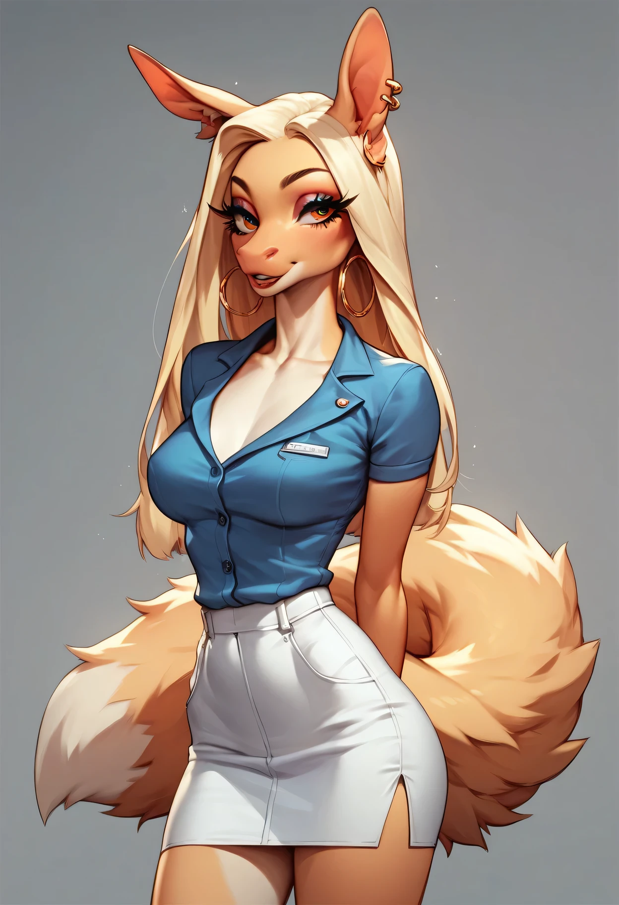 {solo, 1girl, detailed background:1.2, simple background:1.5, realistic fur:0.2, nsfw, best quality, good hands, high quality, shaded, subsurface scattering}, {by einshelm, by Bonifasko, lineart, sketch, stylized, painted}, BREAK <lora:minerva-v1:1> minerva, (white mink, mature female, curvy, big breasts, thick thighs, wide hips, broad hips, huge butt :1.2, nice eyes, blue eyeshadow, pink nose), BREAK chest tuft, {{yellow tail, fluffy tail, fox tail}}, {{pinup, warm smile}}, BREAK long hair, blonde hair, yellow eyes, pink soles, office, BREAK office lady outfit, pantyhose,