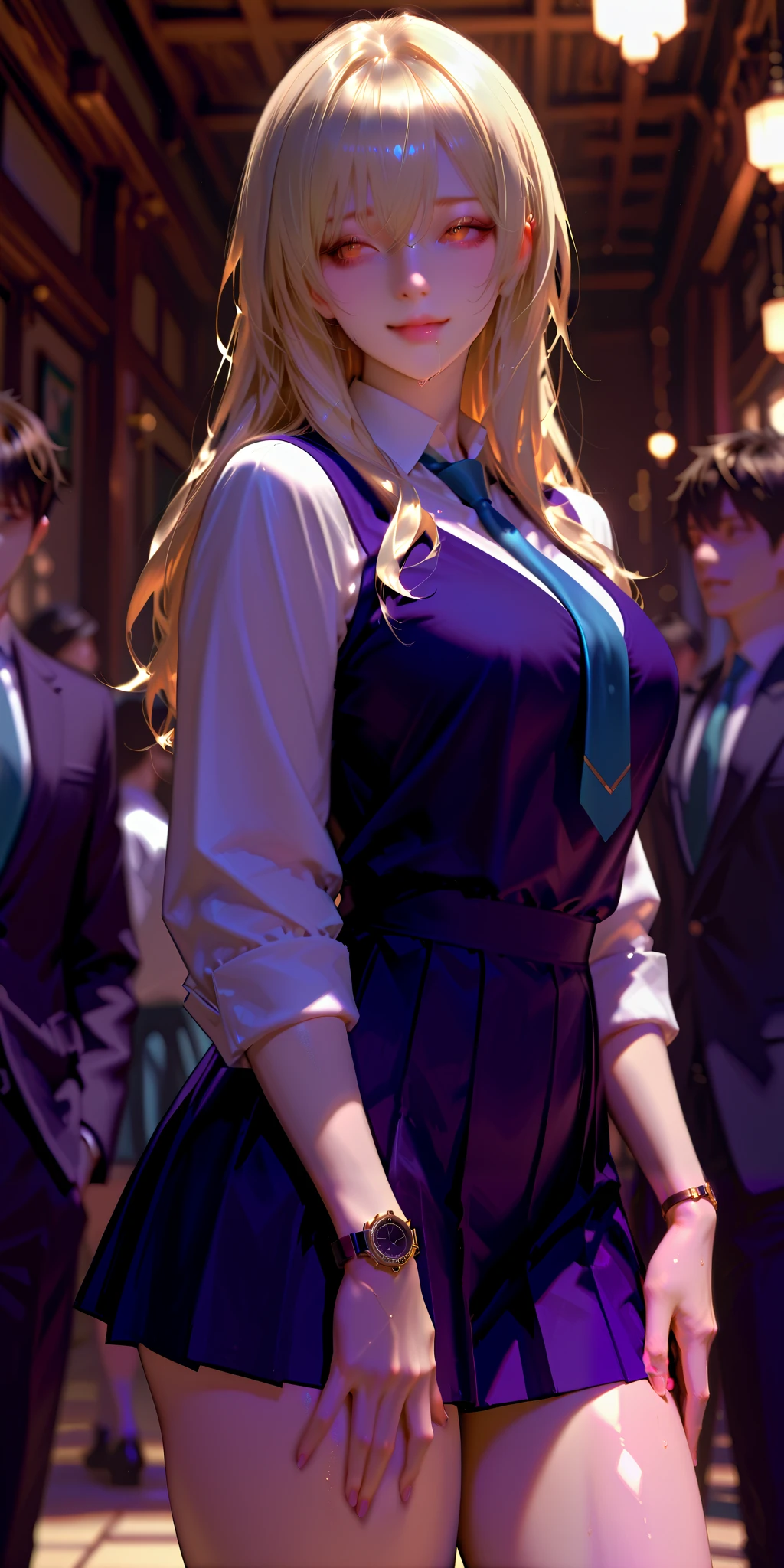  masterpiece, has the best quality, masterpiece, Best Quality ,  1 girl, blurred background, illumination, bridge of the nose，Slender eyes，alone, Lips,  Perfect Hands ,  female focus ,  748 cm room . ****1 female, ****,  blurred background , depth of field, natural light, ｛柔和的illumination脸上｝, Indoor, blond,  tie hair ，Orange eyes, Very Detailed, very beautiful , absurdity of feather,  blurred background , background empty empty，｛alone｝，Yandere,  Dark  ,  Dark  빛, Good Hand, detailed eyes, and watch the audience ,  beautiful , sexy,Smiling face,, side view ,  see the audience  ，Light white and light yellow school uniform，Royal sister，elder sister，Super tall，｛alone｝，( perfect anatomical structure，The sun shines on the front face， stands，Extra thick thighs，Drooling，Extreme ，｛bridge of the nose｝，Three-dimensional exquisite facial features，aesthetics， shines on the face，reality照片，reality，｛The hair that highlights the thighs ， thick thighs ，There are only women，Female Love，Lesbian，｛Single female｝Conservative，Grab your thigh，Sweating