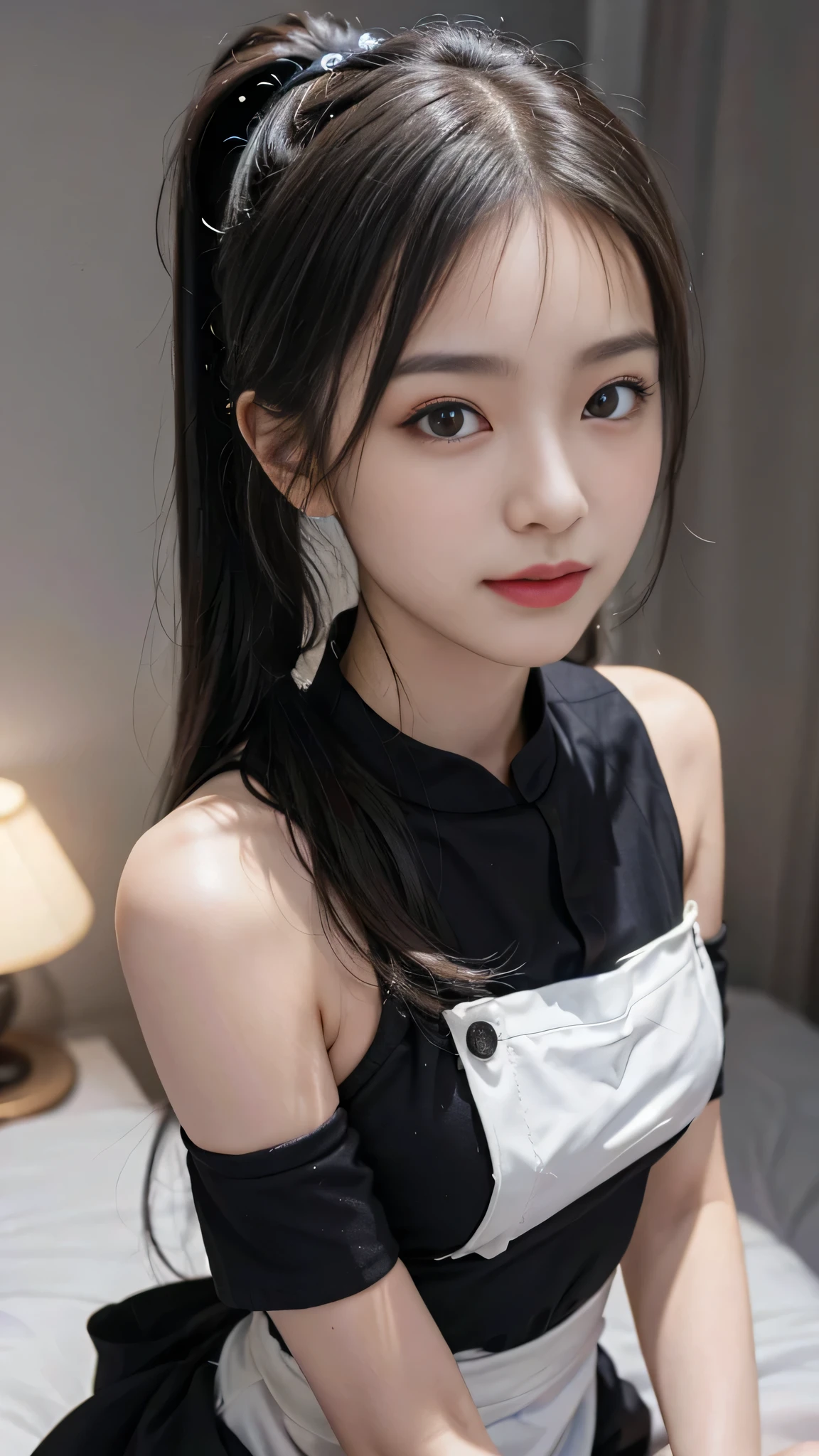 ((wallpaper 8k)), ((Surreal)), ((Quality in every detail:1.2)), 1 person, 14talent、Kind eyes、Fuller lips、Grey Hair、Malaise、Small breasts、Small breasts、black elegant dress,Black capelet, look up, Widespread poverty, Shortcuts、Shorthair Twin Tails、Black Hair、White skin、