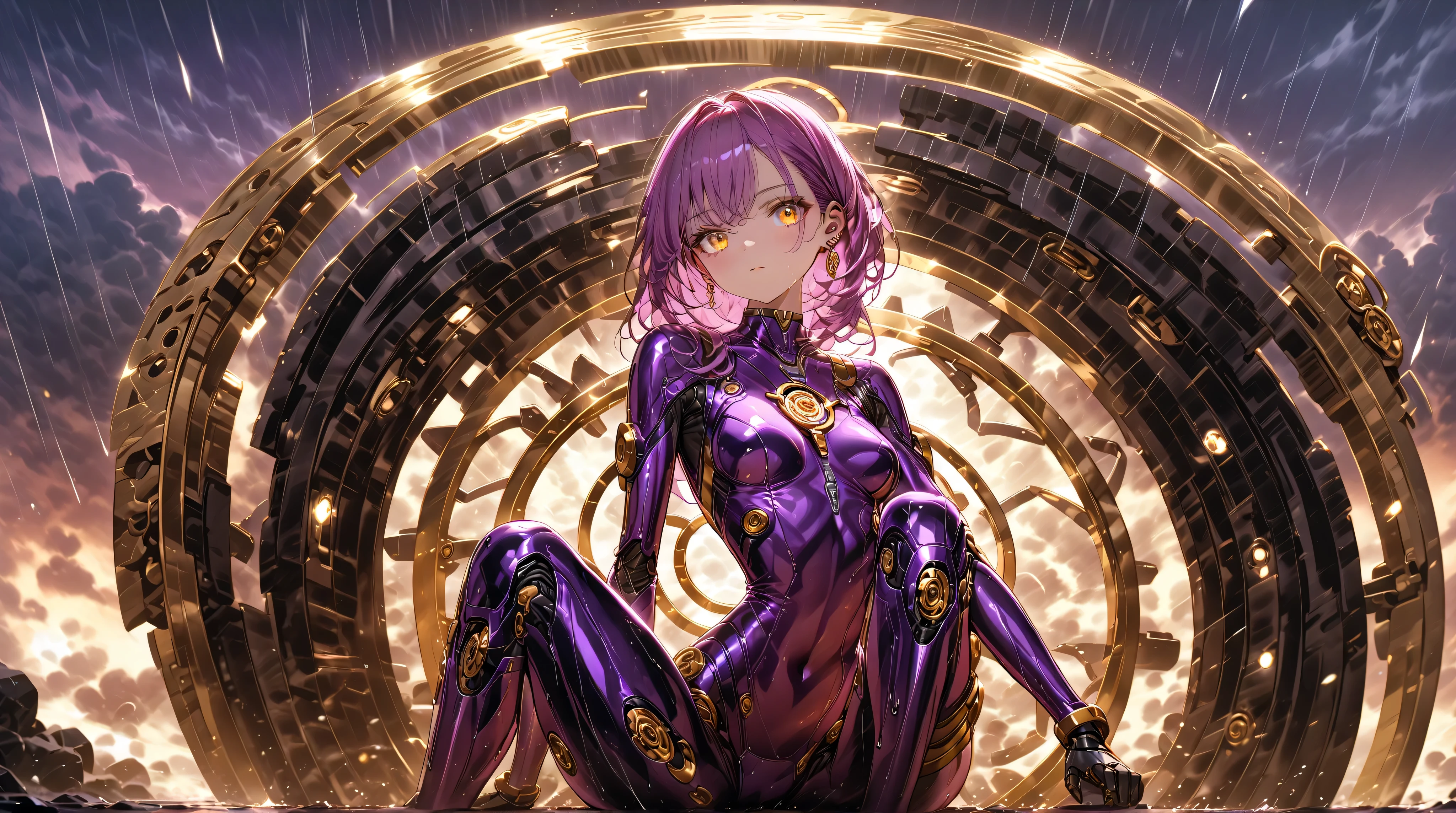 ((masterpiece, high image quality ,8k)),(( very detailed ,perfect picture)),(perfect anatomy),(ultra detailed), robot woman,Machine Body,wet,(purple tight pilot suit),((sit)),knees up, Exposure,Thin fabric,chest visible,wheel,(((giant golden wheel in the background))),(classic round wheel),(mechanical wheel),(thunder),( purple sky),Mechanical,(A lot of lightning ),((night,In the Storm)),heavy rain, black clouds,(blunt ends),very short bob hair,golden eyes,expressionless,sexy lady,highlight breasts