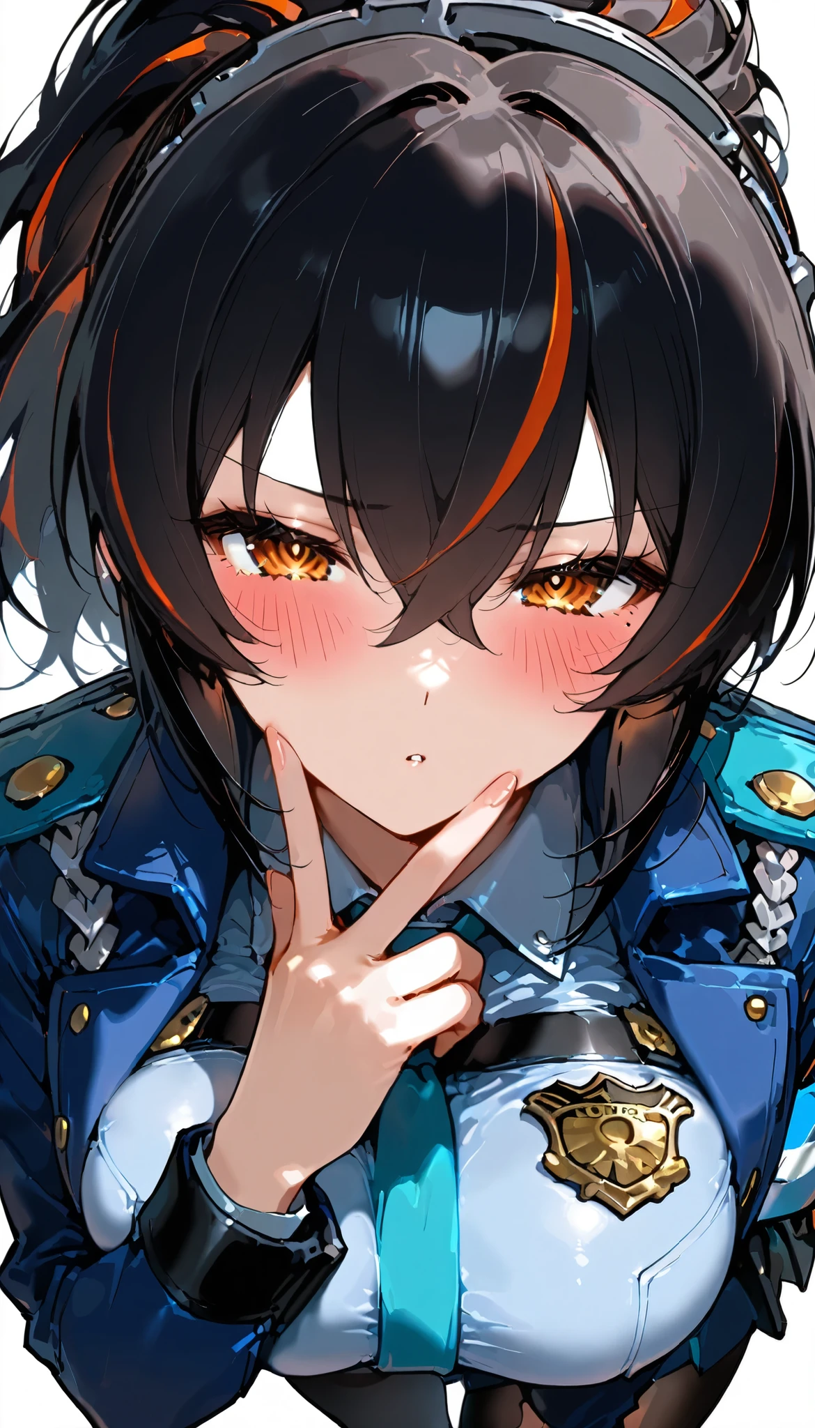 score_9, score_8_up, score_7_up, score_6_up, score_5_up, score_4_up,  (masterpiece: 1.0), best quality,  1girl , Alone, Viewer, simple background, Expression of disdain,  Victory Gesture  , blush, Disdainful Eyes, From above, Black Stockings, Police Uniform, big breasts, style: midjourney, zhu_Yuan