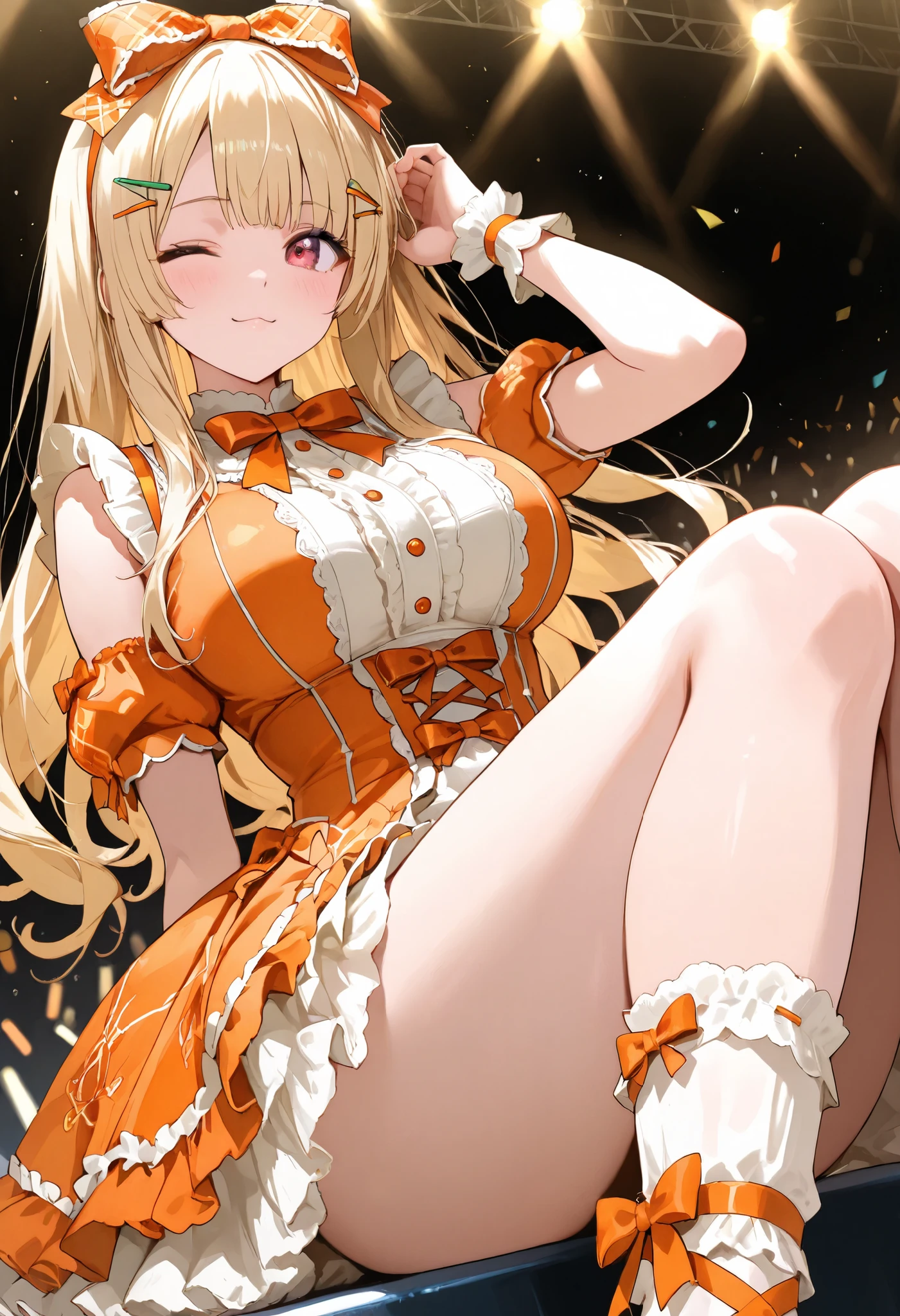 1girl, large breasts, blonde, hairpins, ta socks, short dress, orange loliress, cute style, idol, bow, one eye close, micro