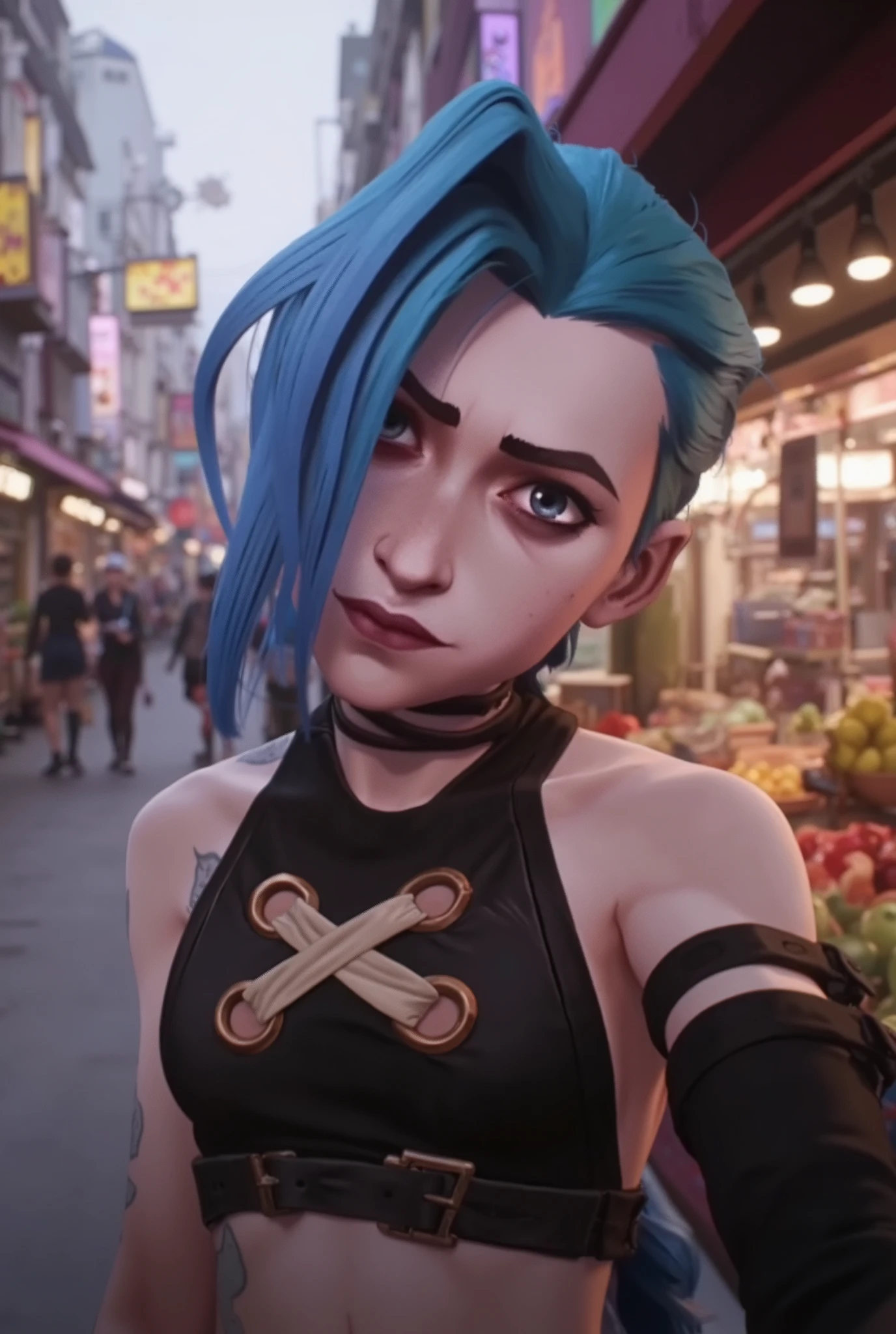 smudgy, liu2, score_9, score_8_up, score_7_up,fotografia, 9mm, Nikon D850, ((Jinx League of Legends)), 1 girl, mature, (blue hair:1.2), (short hair:1.2), (two long braid ponytails:1.3), big chest,blue hair, (black tank top:1.2), (standing:1.3), (streets:1.2),some fruit stalls on the sidewalks, (smiling:1.3), (looking at viewer:1.2), (sided bangs:1.2), decote, sfw,beleza surreal, obra-prima, melhor qualidade, alta qualidade, 8k, (sharpness:1.2), (very sharp, (without blur:1.2), (jinx arcane outfit:1.2), (selfie for instagram:1.3), selfie photo shot, smiling ,pink lipstick, (sitting:1.3), (In urban:1.3), in street, decote, blush, skin texture, dia, (instagram selfie:1.2), perfect iris , round iris, small forehead, (nitidez:1.3),