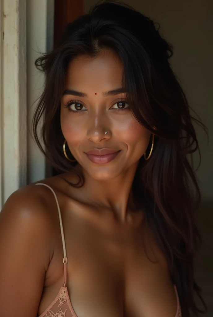 Selfie style,Half-body close up portrait of Pooja hegde, poojah posing for naturally at home, with a seductive smile and a confident gaze directly at the camera. Her juicy lips are slightly parted, and her curvy figure are accentuated by a form-fitting bralette navel is exposed, adding to the sensuality of the image. The lighting cool and flattering, with a hint of a blue glow, 70-200mm lens, f/4, eye-level shot, hyper-realistic, ultra-detailed, high-dynamic-range, perfect lighting, flawless skin,messy middle class bedroom background