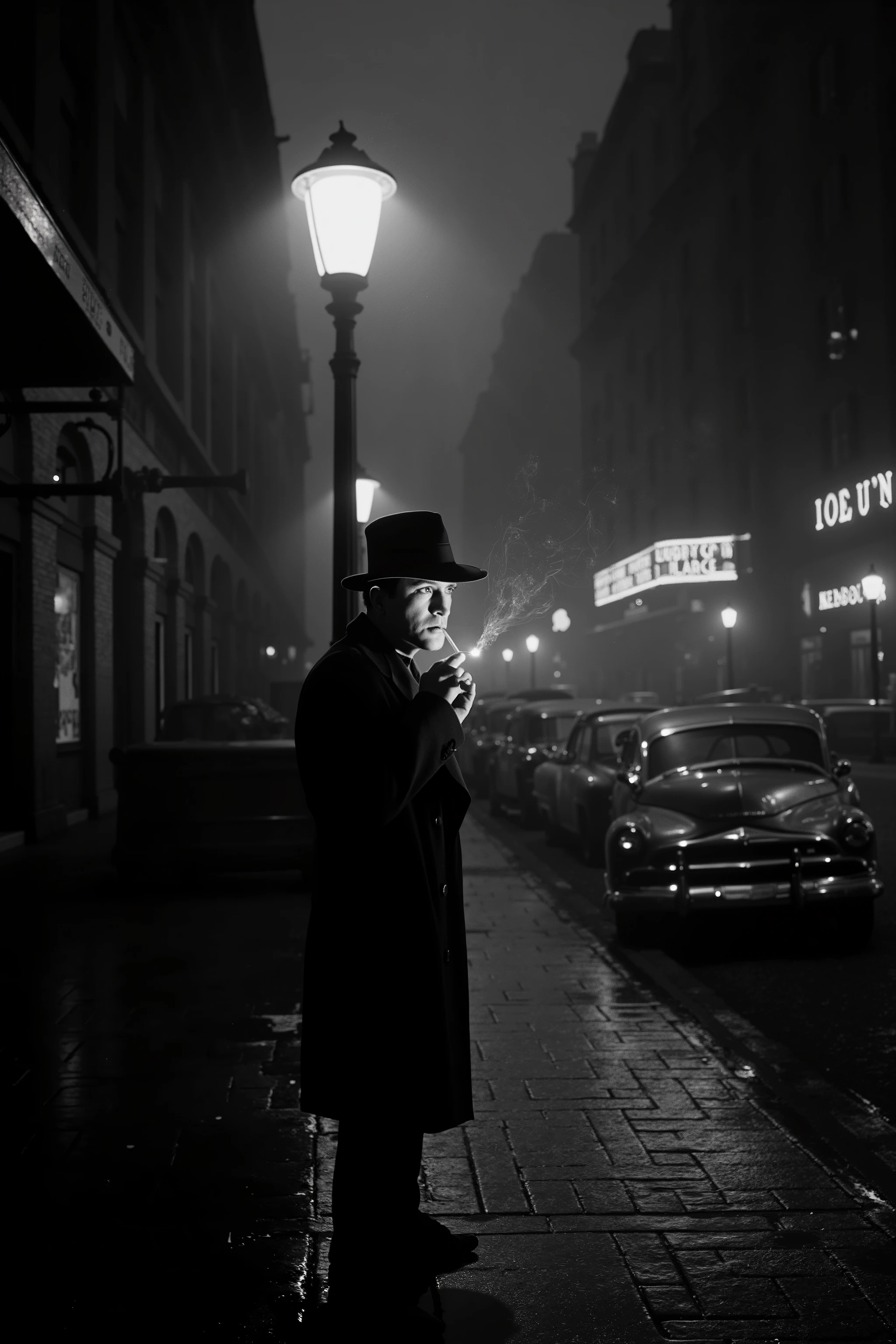 Create a cinematic black and white image of a lone detective in a classic film noir setting, standing under the dim glow of a flickering streetlamp on a rain-slicked city street at night. He wears a trench coat and fedora, the brim casting a shadow over his weary, sharp-eyed face. A faint wisp of smoke curls from the match he strikes to light his cigarette, illuminating his features in a brief flash of golden light before fading into the damp, foggy air.
The wet pavement reflects the streetlamp’s glow, while silhouettes of old brick buildings and neon signs loom in the background, their lights barely cutting through the mist. A vintage car is parked in the distance, its chrome gleaming under the streetlights. The city feels alive yet desolate, as if secrets lurk in every shadow.
The detective’s expression is hardened, world-weary, his eyes scanning the darkness as if expecting trouble. The atmosphere is heavy with mystery, danger, and solitude, capturing the essence of a gritty 1940s noir thriller. The scene should feel moody, dramatic, and rich with chiaroscuro lighting, evoking a story of betrayal, crime, and a past that won’t stay buried.
