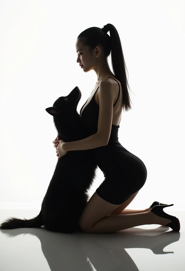 A Asian woman with thats wearing lingerie which is sitting on top of a black dog
