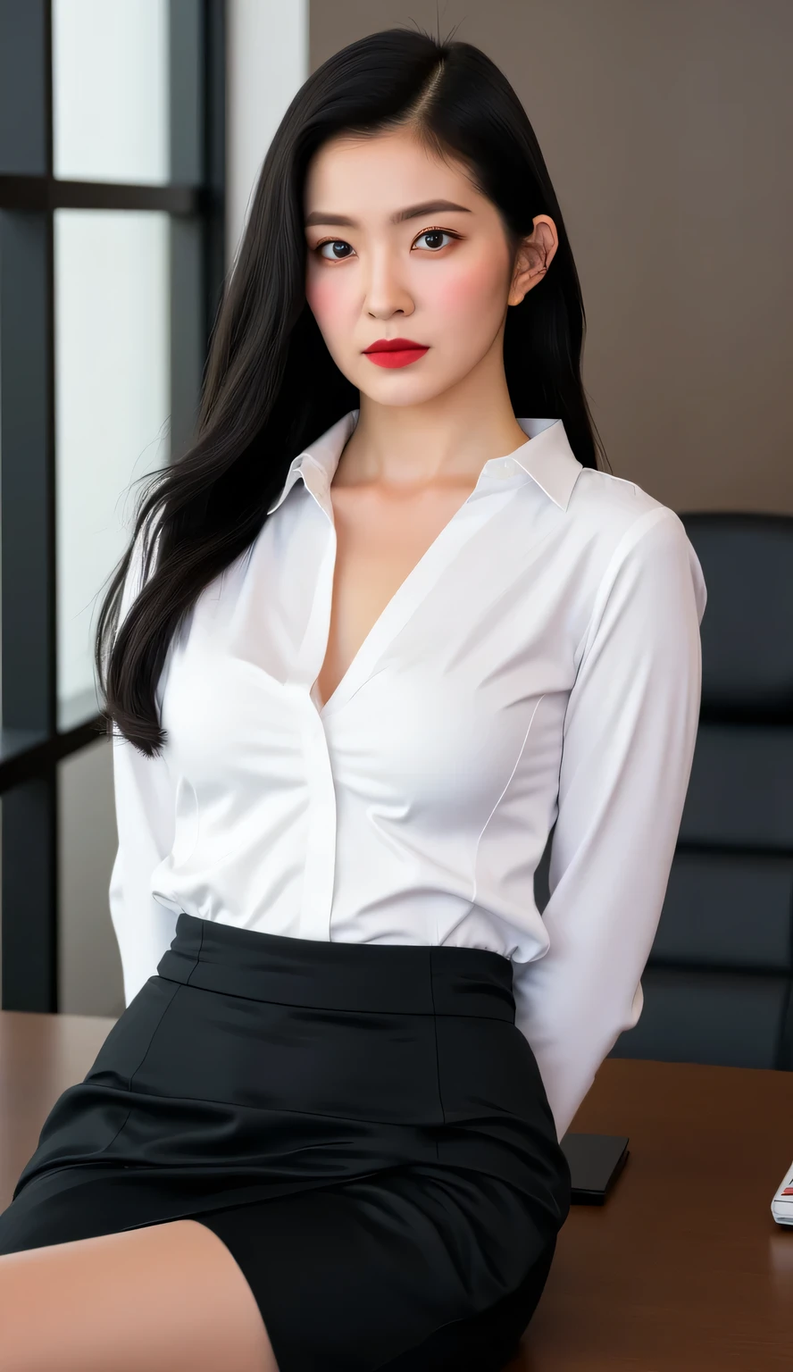 a beautiful woman, sitting leaning on an office desk, with both hands behind the body, facing the camera, using a long sleeve formal shirt of satin material of white color , use long skirt to toe fishtail model black satin material, red lips, big boobs, black hair, Annoyed face