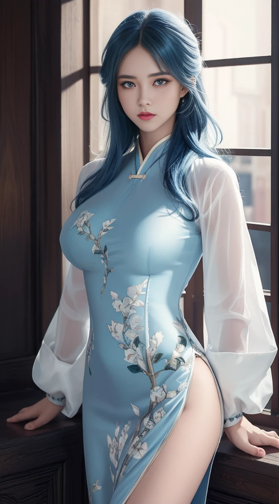 (Hyperrealistic), (illustration), (high resolution), (8K), (Extremely detailed), (Best Illustration), (Beautiful detailed eyes), (Best quality), (Ultra-detailed), (Masterpiece), (the wallpaper), (Photorealistic), (Natural light), (rim lit), (Detailed face), (Highly detailed realistic skin textures), (Anatomically correct), (Solo), (1 girl), (high detailed realistic hair), (Blue hair:1.2), spiked hair, (Heterochromic eyes), (detailed green eyes), (Small moles under the eyes), (Realistic big breasts:1.5), (Exposed breasts:1.3), (Long legs), (Slender abs), (Dynamic pose), (Closed mouth:1.3), (traditional cheongsam outfit), (Sheer clothes:1.5), NSFW,nakeness