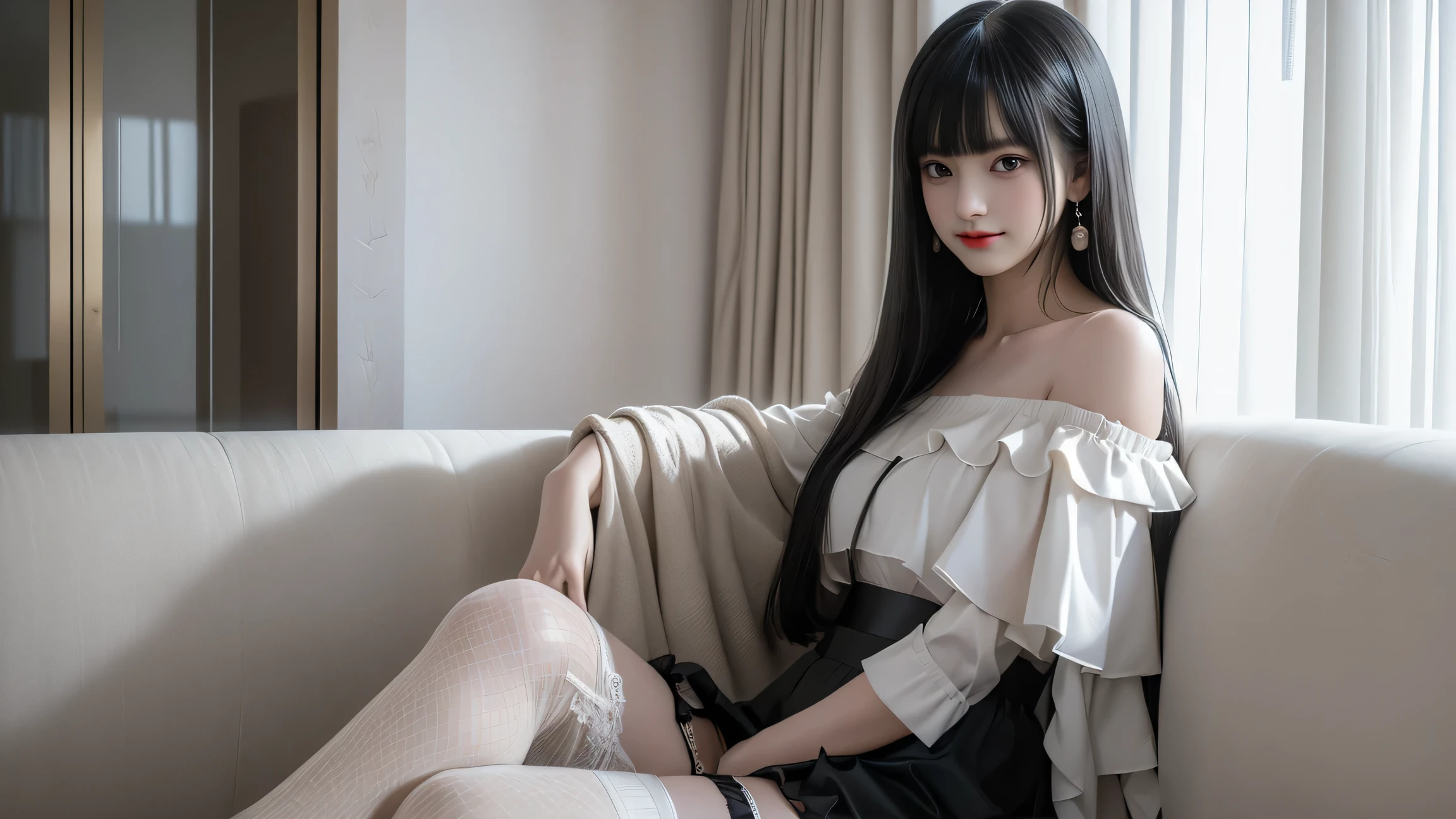 animesque、anime styled、ssmile、portraitures、Beautifully moisturized amber eyes like clear glass、Beautiful black hair without hair ornaments, ultra-detailliert, hight resolution, top-quality, masterpiece, illustratio, unification, 8k wallpaper, splendid, finely detail, The person is a