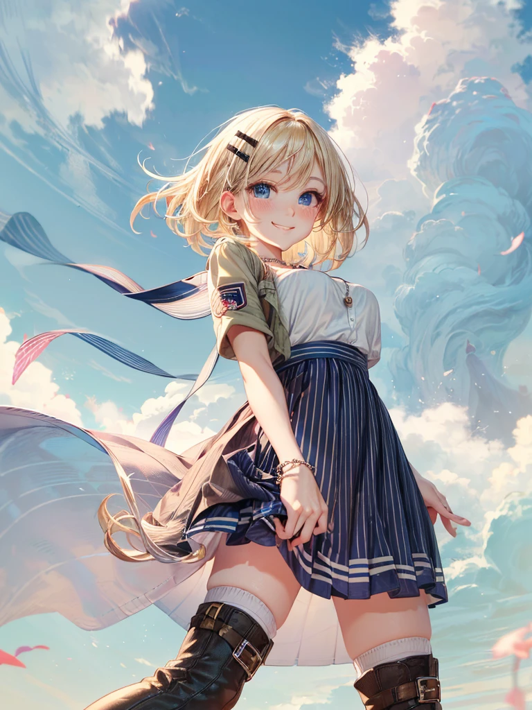 best qualtiy, tmasterpiece, 超高分辨率, realisticlying, 1 girl,(long white hair),Heterochromic pupils,(ssmile)(JK skirt), Light black stockings,athletic sneakers,Fantastic blue sky,Looking Up The Sky,wide angles