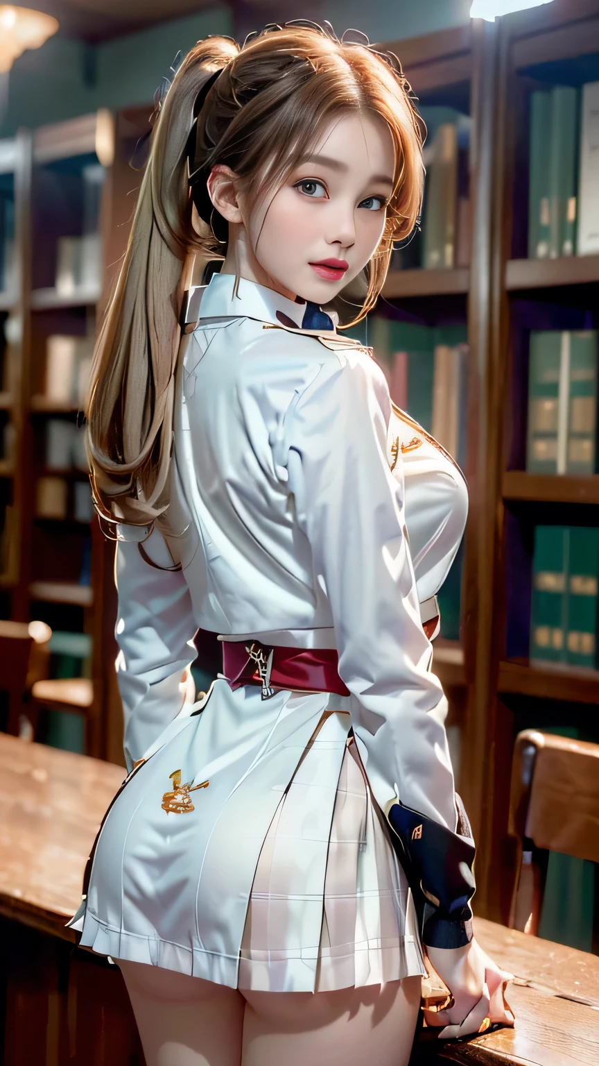 ((Standing in front of a bookshelf in a library))、((Rear view))、((look back)),Top quality work、Actual work、Ultra Premium Graphics、8K HD CG WORKS、High Quality Graphics、High resolution CG work、10x pixels、Ultra-fine details:1.1、High level of technical detail:1.1 Photorealistic、Natural light:1.5。Light effects(Virtual Light Effects:1.8)、長いSilver Hair、Silver Hair、Transparent hair、Hair with attention to detail(Premium Hair Detail:1.1)Clear Eyes、Beautiful double eyelids、Sharp eye make up、Delicate eyelash makeup、Thin eyebrows、Highly detailed eyes、High nose、Nice red lips、Rosy Cheeks、Subtle makeup face、Cute Face、Perfectly Proportioned Face、(Advanced Facial Detail:1.1)、girl、Like a fairy in a painting、slim and sexy legs、Beautiful delicate beautiful face、Like a finely carved piece of jade、It shows patience and wisdom。the nose is straight,Cherry Lip Color、Her face is clear,Her skin is as white as jade、Gives a healthy glow,Her makeup is light and subtle,Not too decorative,A light-toned foundation enhances the clarity of your skin.,eye make up:Eyeshadow and eyeliner,Make her eyes bright and cheerful、Adds a touch of glamour and sophistication、((high school girl))、((White Blazer、Chest))、(White blouse)、(Red tie)、(No skirt)、((White T-back panties visible))、Her hair is casually tied back,It is fixed with hosta,A few strands of hair are swaying gently in the wind,Add a little softness、Attract everyone、Elegance、Mystery、Strength、(Shooting from below)、(Pull up your skirt)、((Lift-up skirt))、