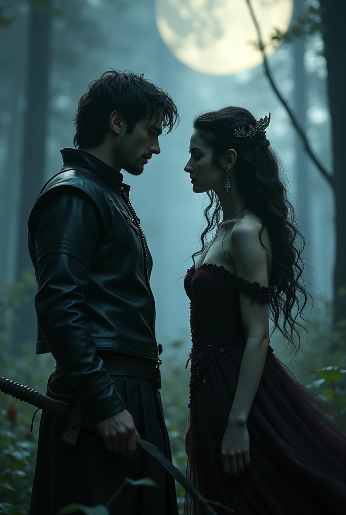 Create a deeply emotional fantasy scene in a forest clearing, focusing on the character Ilita, represented by Olivia Wilde. She is dressed in a black leather cropped top, black shorts, and a thief's cloak, with her striking green eyes filled with tears. Ilita gently touches Endon's arm, but his face is blurred and unfocused as he remains lost in sorrow, staring into the empty space where his brother Aldresh once stood. The atmosphere in the clearing is heavy with a profound and haunting silence, emphasizing the devastating loss Endon feels.