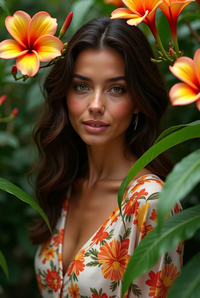 A Brazilian woman in a lush tropical garden, wearing an open shirt with a floral print, with a close-up capturing the harmonious beauty between her breasts and the natural flowers, showing off your natural charm and outgoing personality.