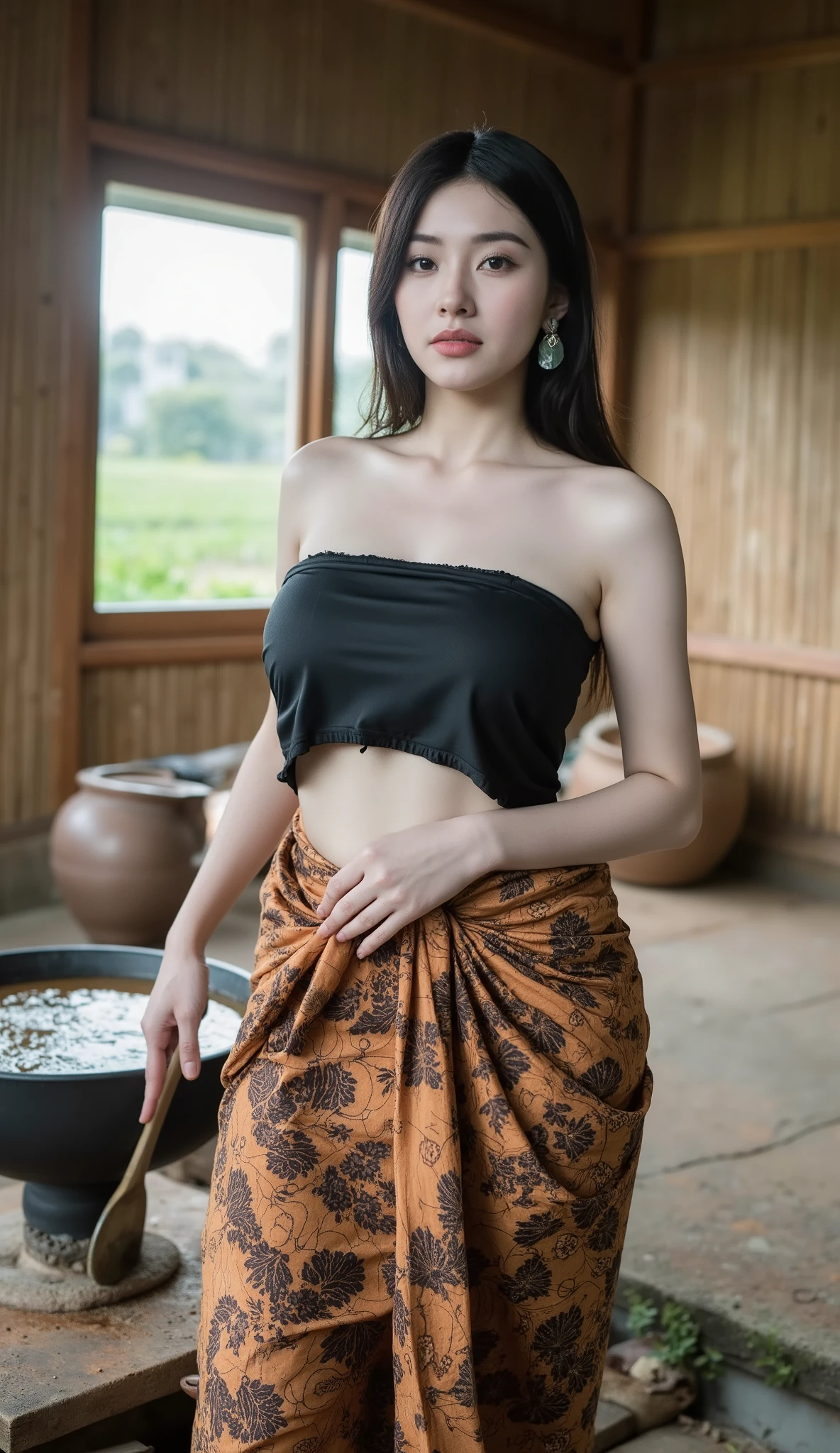 "A stunning Korean woman with fair skin, a height of 180 cm, and a curvaceous figure, wearing a black crop tanktop kemben and a brown batik sarung tied around her waist. She is cooking in a traditional Indonesian kitchen, standing near a clay stove with a wooden spoon in her hand. The background shows a rustic kitchen with bamboo walls, earthenware pots, and a window overlooking a green field. The warm, natural light from the window creates a cozy and authentic rural atmosphere, highlighting her graceful presence and the simplicity of rural life."