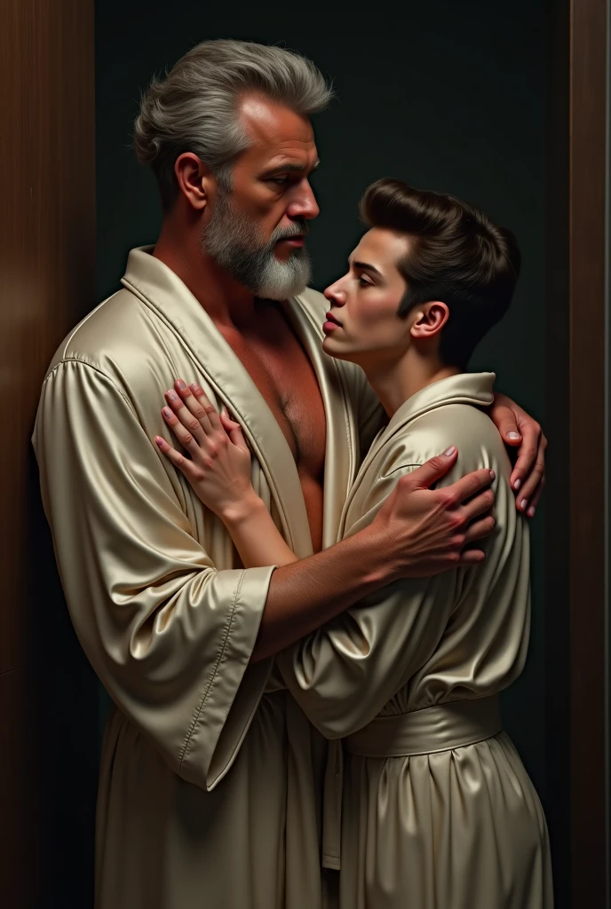 1980s, luxurious shower room, gay, bara, 2men, two men naked except for white briefs, Batman loves his old butler, Batman (hairy body, many old scars) smiles with his mouth wide open and hugs his beloved old man Alfred (white hair, white body hair, tall slim muscular)'s chest and licks it with his tongue, slim tall Alfred hugs Batman with a cool smile and gently strokes his head, erection, penis, Batman's small penis, old man's big penis