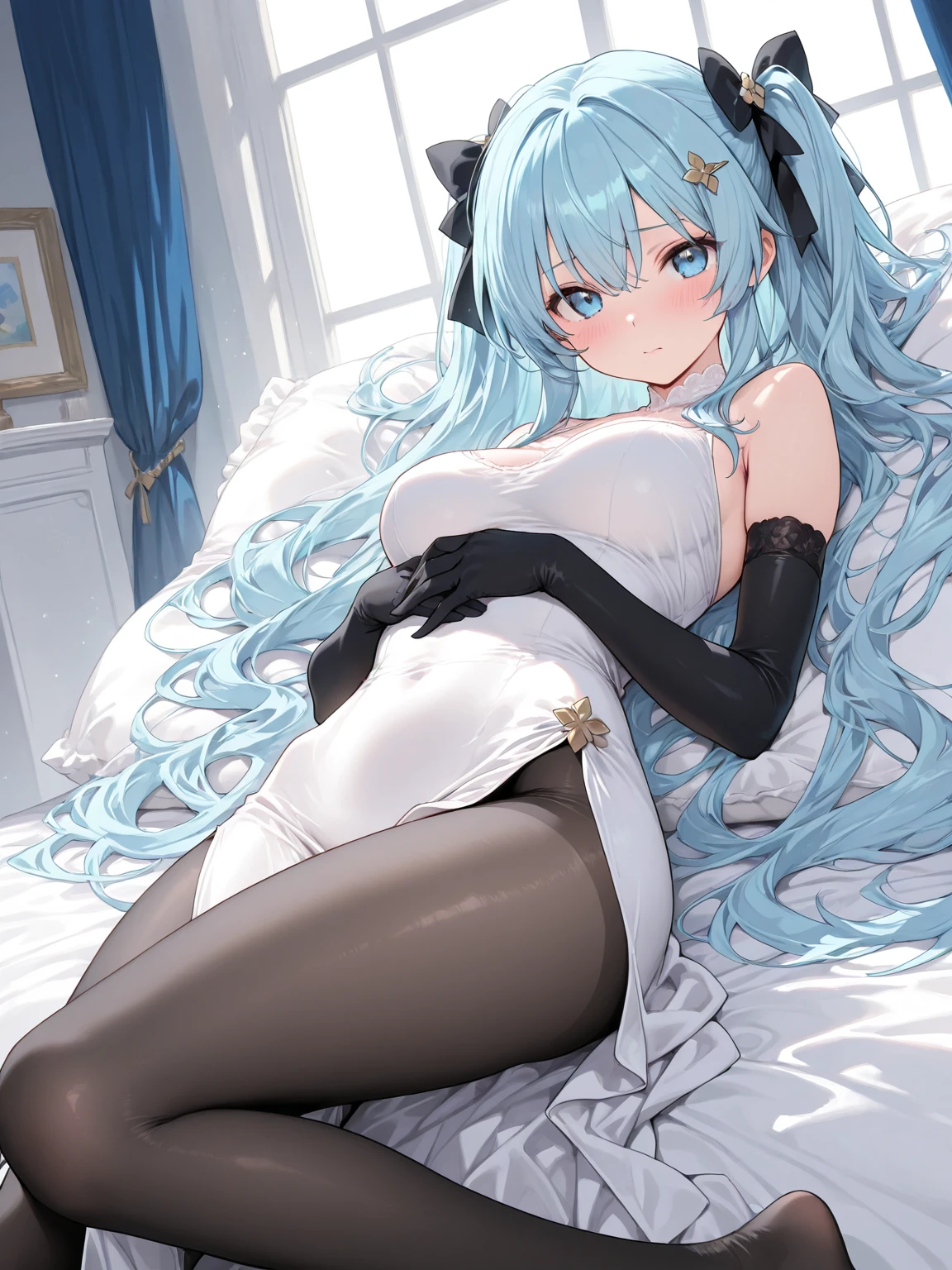((masterpiece, best quality)),8k,indoor ,1Focalors,_hold,(white shirt:1.2) ,long hair,looking at viewer,slim waist,black bra, use pantyhose