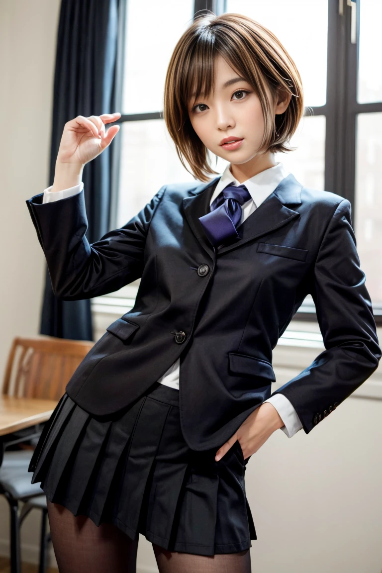 Realistic high school girl wearing a blazer、soio、Short black hair、Navel out、hight resolution、hightquality