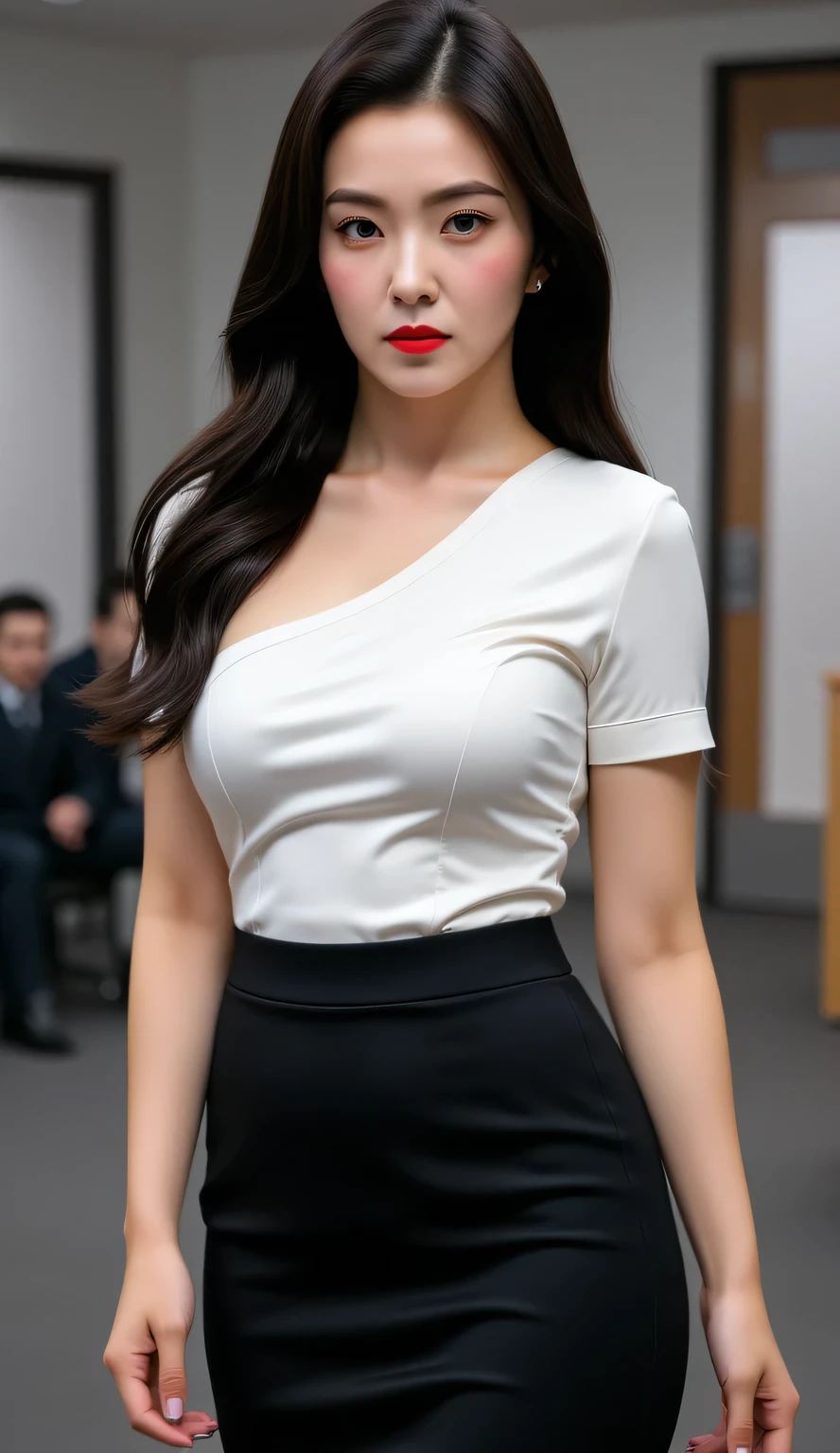 an office lady, office stand, use white satin material short sleeve casual shirt, use a long skirt to the legs covered in black, big boobs, red lips, black hair,  Annoyed face 