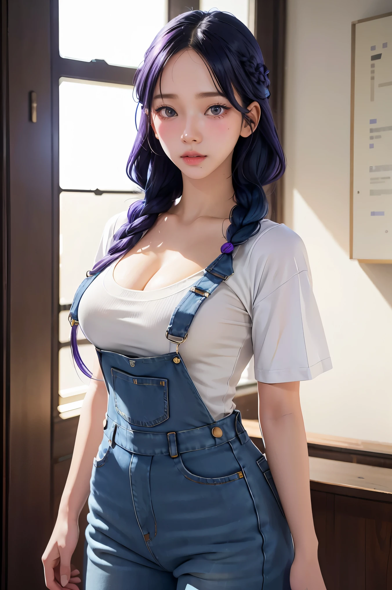 tmasterpiece, best qualityer, ultra - detailed, illustration,1girll,
long whitr hair,dark-blue hair,french braid,Purple eye,bluntbangs,cleavage,Large breasts
shirt,(jeans overalls:1.1),
mideum breasts,
looking at viewert,hyouka/(Boruto/),Detailed lips