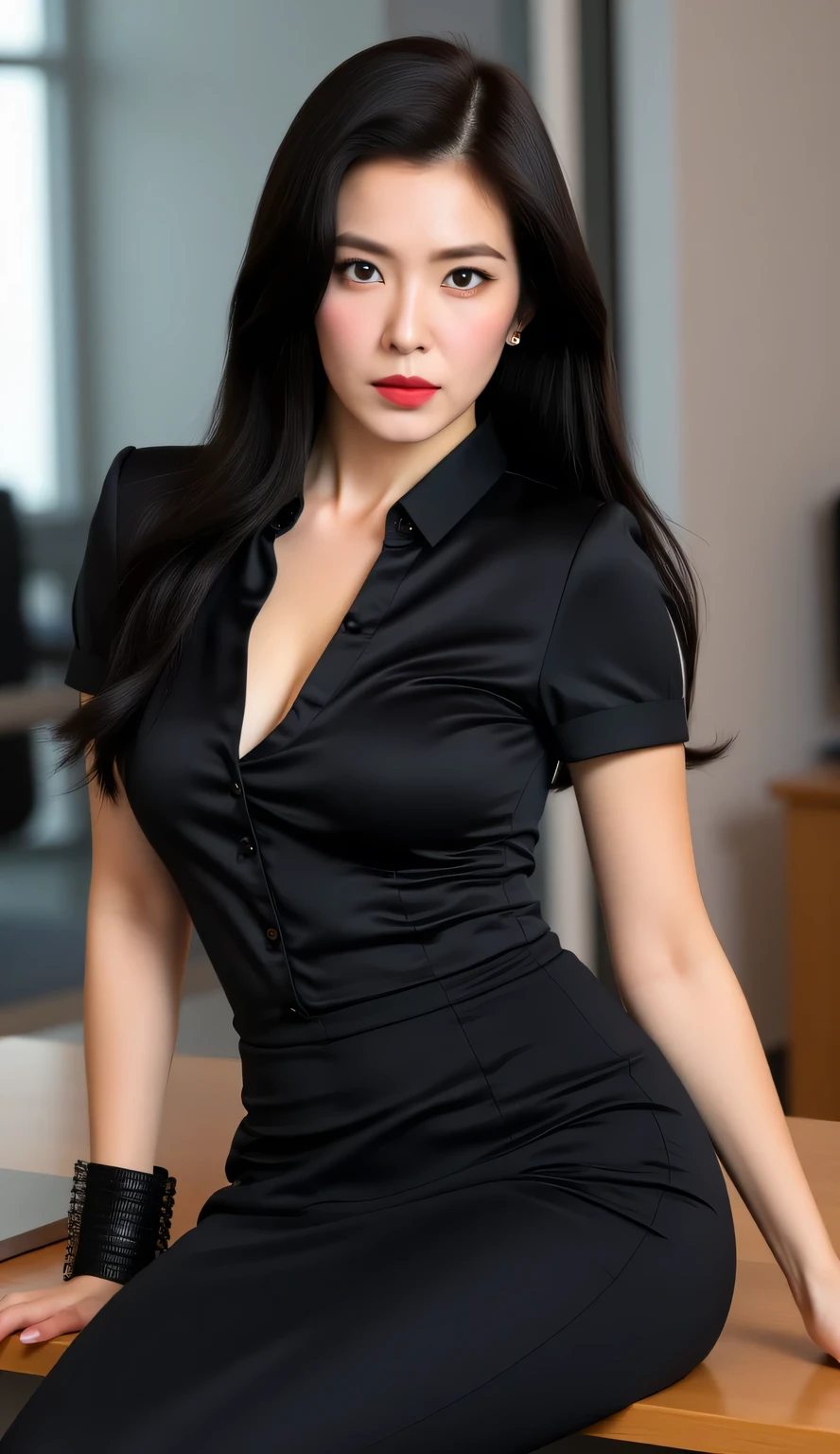 an office lady, sitting leaning on an office desk, Use a short sleeve formal shirt in satin material in black, hair using a long skirt to the legs covered in black, big boobs, big ass, red lips, black hair, Annoyed face