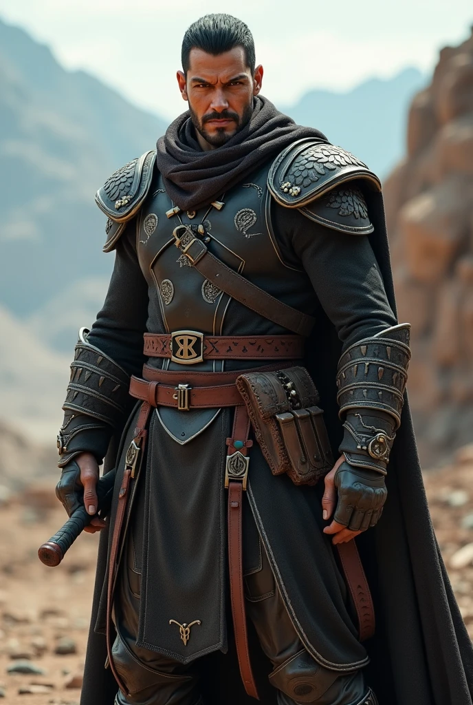 (photorealism:4:5), metal band costume inspired by baal worship rituals with shoulder pads dark brown black dark red chains straps symbols or accessories of baal worship clothing or fabrics leather silk thick fabrics fabrics that give the impression of something ancient earthly pagan
