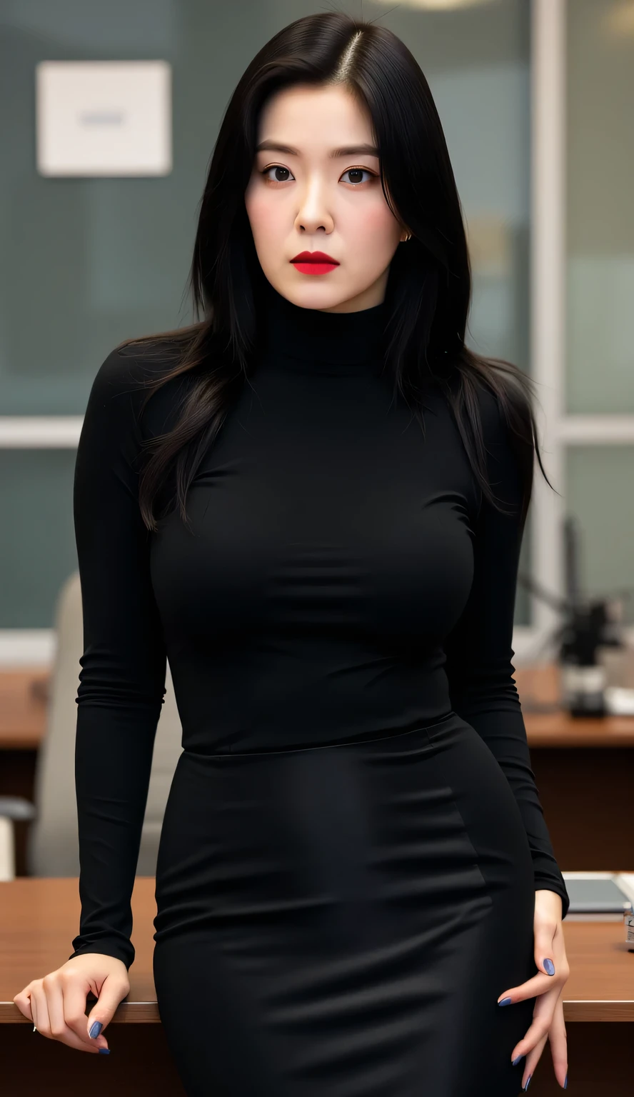 an office lady, sitting leaning on an office desk, Use Black Satin Long Sleeve Turtle Neck T-Shirt, hair using a long skirt to the legs covered in black, big boobs, big ass, red lips, black hair, Annoyed face