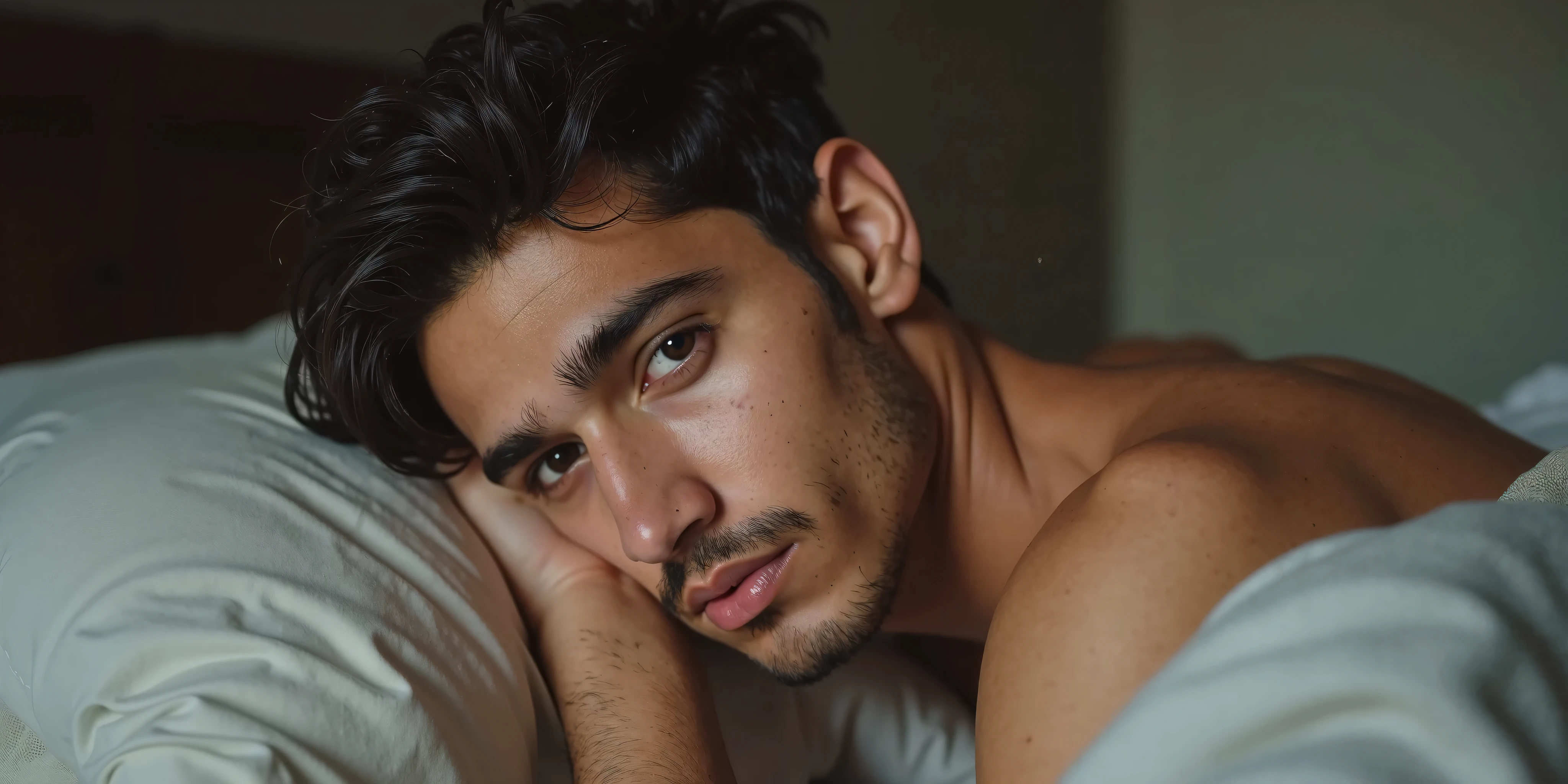A 20-year-old Iranian white-skinned boy with black eyes and black eyebrows, a crooked nose, a thick beard, and a sexy body with a six-pack and naked muscles is lying on the bed and his dick is ejaculating.
