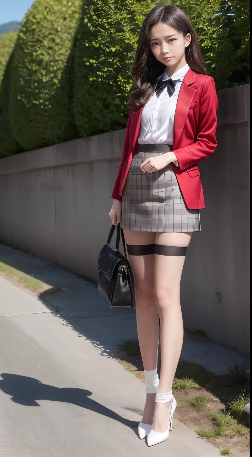 ( red jacket, collared, plaid pattern, unbuttomed, wool), (collared shirt, white, silk) (black ribbon-tie), (thigh garter, white:1.2), (black pleited skirt, grey plaud pattern, skirt is under the shirt, skirt is almost hidden under the shirt ), (white thigh−high socks):1.2, (dark red sandal, high heel, stiletto) ,
a , , tall 135 cm, 6 heads, masterpiece,high quality , gaunt, lanky, (leggy:1.2),(flat chest), (long legs:1.2), (skinny legs), (slender thighs), (slender hips), (slim waist), ( slim figure)
Photorealistic, ultra realistic, ultra high definition,
Increase saturation, (POV shot), (from front), (from below), (looking down, watching at Viewer), (full body shot:1.4),
Cute Japanese idol, anatomically perfect, pale skin with perfect figure, cute face , beautiful expression, lively face, beautiful hairstyle, realistic eyes, beautiful details, realistic skin, beautiful skin, attractive, UltrA Hi-Def , super realistic, realistic, very well detailed, Japanese, medium long curly hair bangs, brown hair,bright red sexy lips, eyeliner
(she is standing naturally, her hands on her own hips,),
small village in the mountains of the Alps、Ranch、Matterhorn、mountains、narrow path leading up to the hill pasture、A tree on top of a hill、 clear
