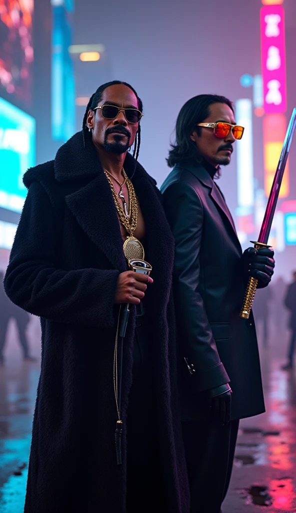 "A cinematic scene featuring Snoop Dogg and Keanu Reeves standing side by side in a futuristic cyberpunk city. Snoop Dogg, dressed in a stylish long fur coat with gold chains, holds a futuristic microphone while Keanu Reeves, in his signature black tactical suit, wields a neon-lit katana. The neon lights of the city reflect in their sunglasses as they prepare for an epic collaboration between hip-hop and action. The atmosphere is filled with smoke, holographic billboards, and a glowing skyline, capturing a blend of music and cyber-action vibes."