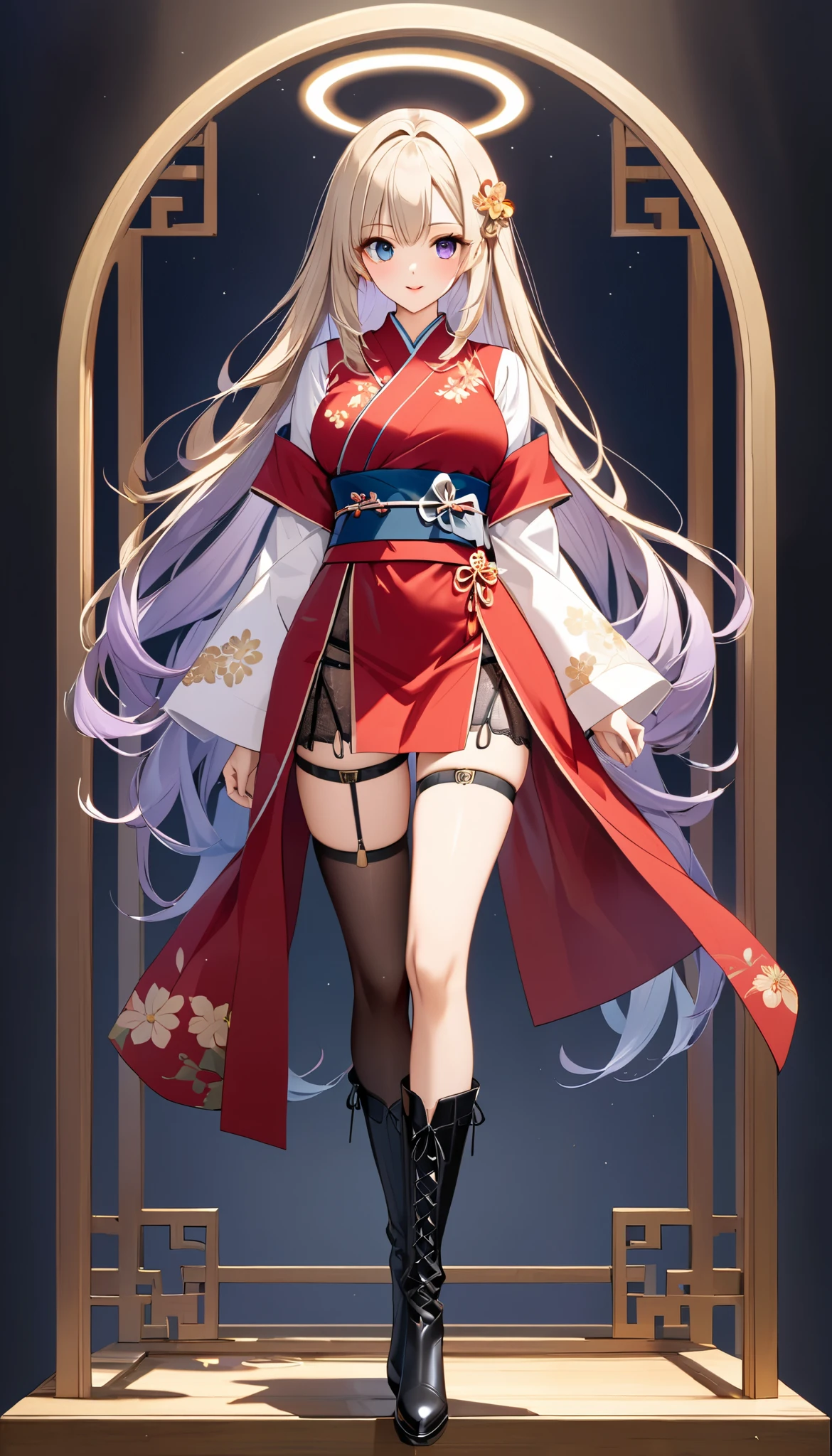 1girl ,
{standing}
height 158 cm,
Alone,
Beige Skin,
Cheeks are ruddy,
{{The iris of the left eye is yellow and the iris of the right eye is blue-mauve}},
{{Complete iris heterochromia }},
beautiful eyes,
large black pupils ,
{{super long hair}},
Gold,
the tips of the hair are whitish ,
The hair has gradation ,
shiny hair,
young but beautiful and bewitching face ,
The lips are extremely small,
Smiling,
A small, shining halo is floating above her head.,
the tips of the eyebrows are slightly lowered ,
the upper body is worn in kimono ,
mega breastsは柔らかそう,
Slim waist,
thin legs,
The lower body is long, transparent clothing in the style of a Chinese dress with slits on both hips,
The color of the obi is red ,
The obi is tastefully embroidered with silver thread.,
magnificent々New clothes,
fine fabric clothing ,
Thong underwear,
garter belt in front of me,
stockings,
the thigh strap cuts into the skin ,
Are the tips of long boots Japanese style,
Isometric,
golden ratio,
god々 atmosphere,
She is wearing a stand-up collared undershirt.,
tactical use of shadows ,
the ring of the head and hair fit inside the frame ,
Clothes fit inside the frame ,
{full body}
facing the front,
fresh illustration ,
Superfine painting,
very delicate illustration ,
Very fine details ,