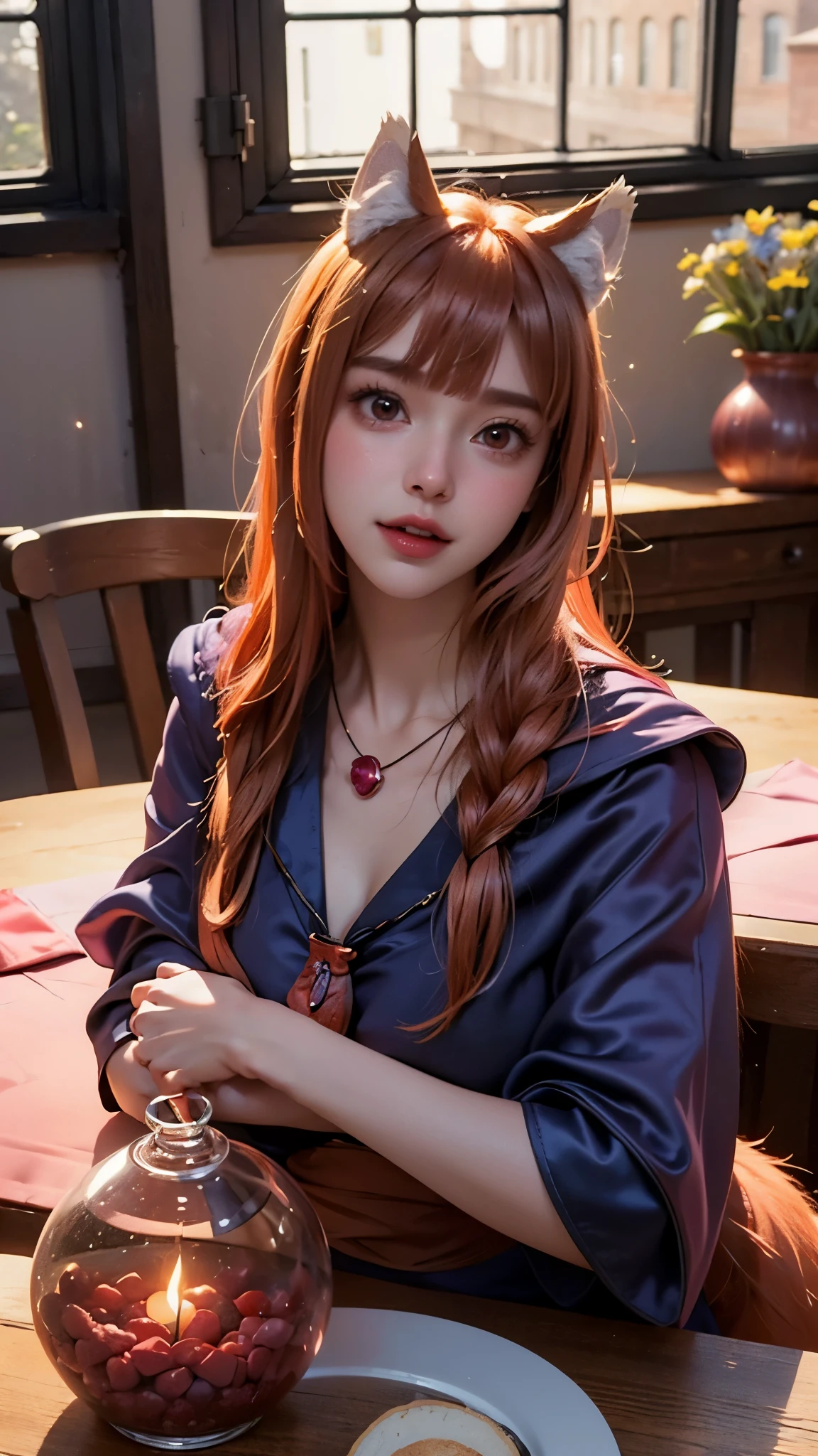 Landscape of a very beautiful 1girl, (((face exposed)))!!!, (((cowboy shot above the table)))!!!, upper body potrait, (((front focus))), (((both your hand on the table)))!, (((background Blurry))), Bokeh, lens flare, photography with Fujifilm XT3, depth of field, film grain, female focus, BREAK, holo/(from 'spice and wolf/), (((sit down at dining room_dining table)))!!!, (((bread on a plate)))!!!, (((wine in a glass)))!!!, (((flower vase and window at back)))!!!, ((light throught the window)), (looks at the audience with beautiful red iris like ruby)!, Ultra detailed eyes, (Beautiful light red iris pupil's eye's like ruby:1.40)!, Stars in her fixed eyes, (homochromatic eyes)!!!, (((warm smile_open mouth)))!!!, long sleevemouth, (thin fresh peach lips)!, (Blush)!, Perfect nose, Cute little nose, beatiful face, Face Clean, realistic Skin, hyper realistic, Perfect eyebrow appear through Light orange hair, ((Light orange blunt bangs)), bob hair bangs, (((ultra shine Light orange long smooth straigh hair)))!!!, (((fluffy tail)))!!!, (((animal ears over head)))!!!, (((pouch necklace)))!!!, ((dynamic composition)), BREAK, detached sleeves, (((close shoulders with dark blue cape)))!!!, /(((wear stylish outfit/)))!!!, (((pink long sleeves shirt)))!!!, (((dark blue thick fur cape around her body)))!!! (((Dark blue cape plump breasts, (((plump breast covered with pink silk)))!!!, vivid color clothes, detailed realistic clothes, BREAK, Best Quality, Masterpiece, Ultra-detailed, Beautiful, hight resolution, Original, CG 8K, perfect photo, dramatic lighting, Beautiful lighting, (((Realistic photo above the table)))!!!, Realistic, Full HD, Best Quality, award winning, (8k wallpaper of extremely detailed CG unit), High Details, sharp-focus, The art of dramatic and photorealistic painting, (((((inside a diningroom)))))!!!!!, dynamic composition, breathtaking rendering, strong color, deep shadow