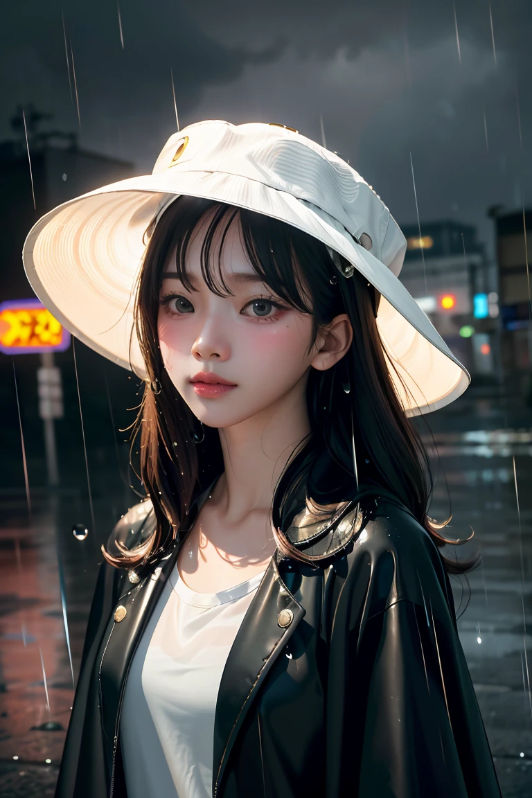 Maskered girl, at the rain, with a rose in her hand